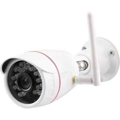 Weiße Außenüberwachungskamera mit Weitwinkelobjektiv und sichtbaren Infrarotlichtern für Nachtsicht.