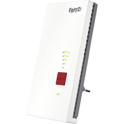 Ein weißer WLAN-Repeater mit einem 'FRITZ!'-Logo, Signalanzeigelampen und einer roten 'WPS'-Taste auf der Vorderseite.