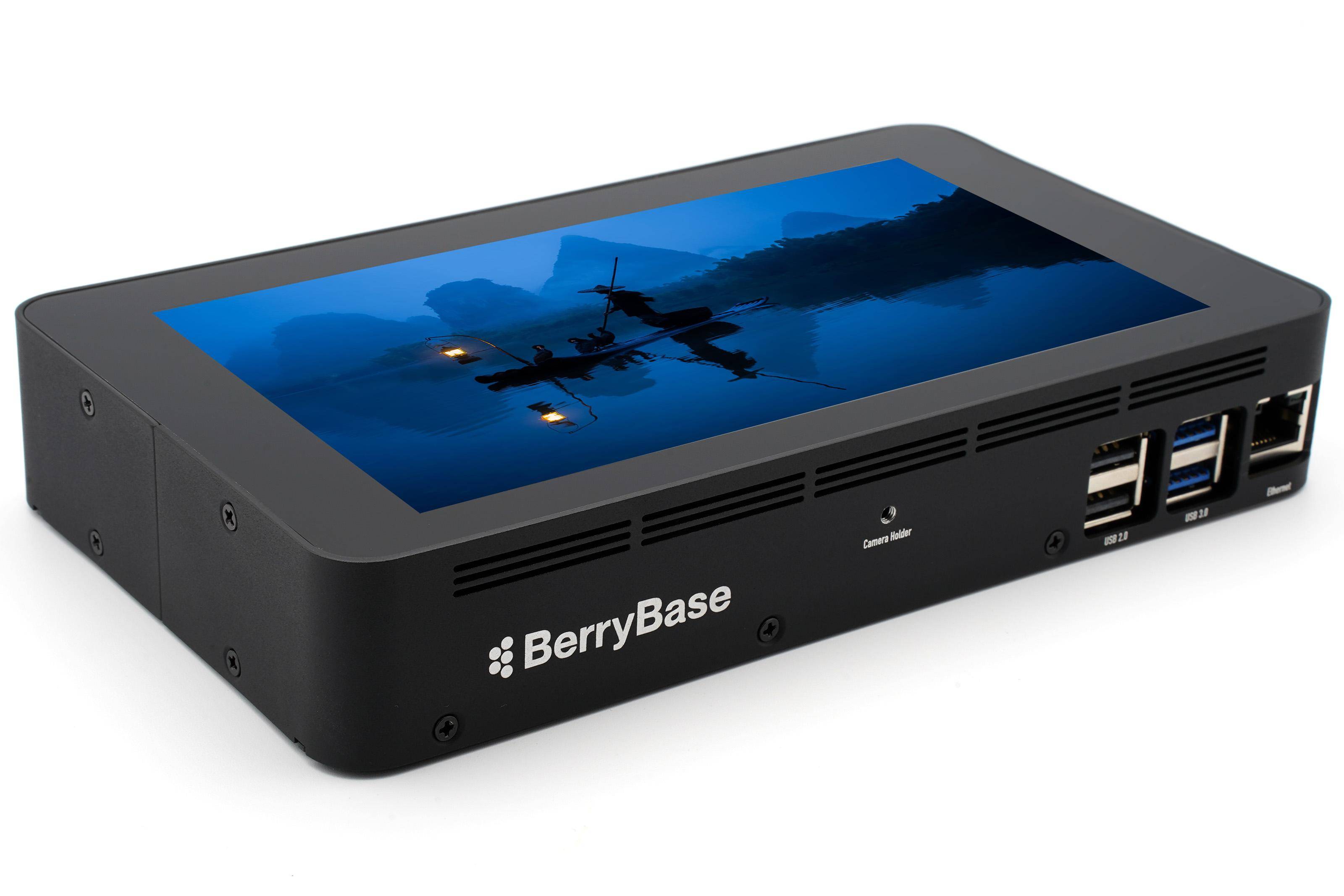 Ein kleines elektronisches Gerät mit einem eleganten schwarzen Gehäuse, mit der Bezeichnung „BerryBase