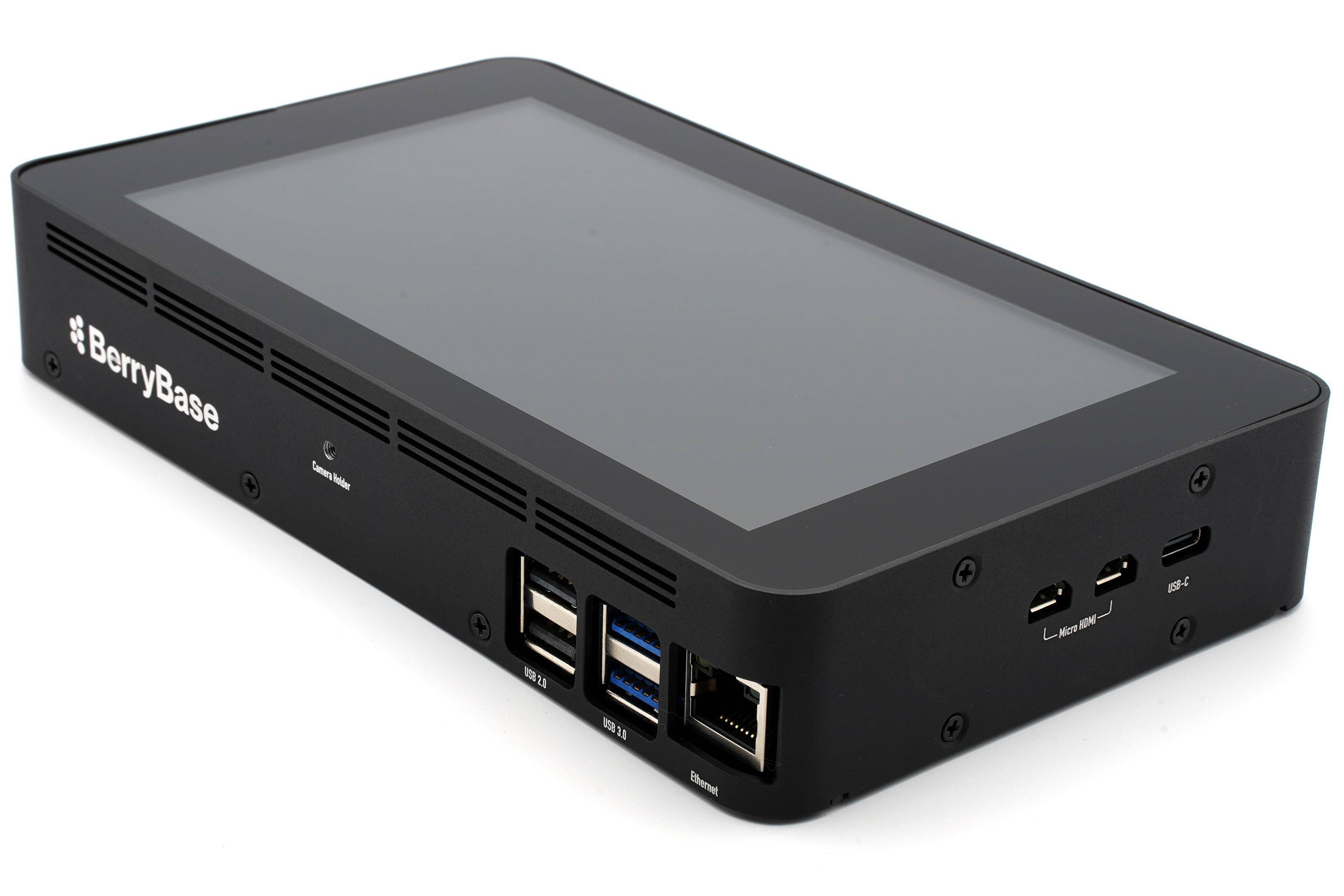Ein schwarzes elektronisches Gerät mit einem Touchscreen, mehreren USB-Anschlüssen und Ethernet-Verbindung, geeignet für Tech- oder Netzwerk-Setups.