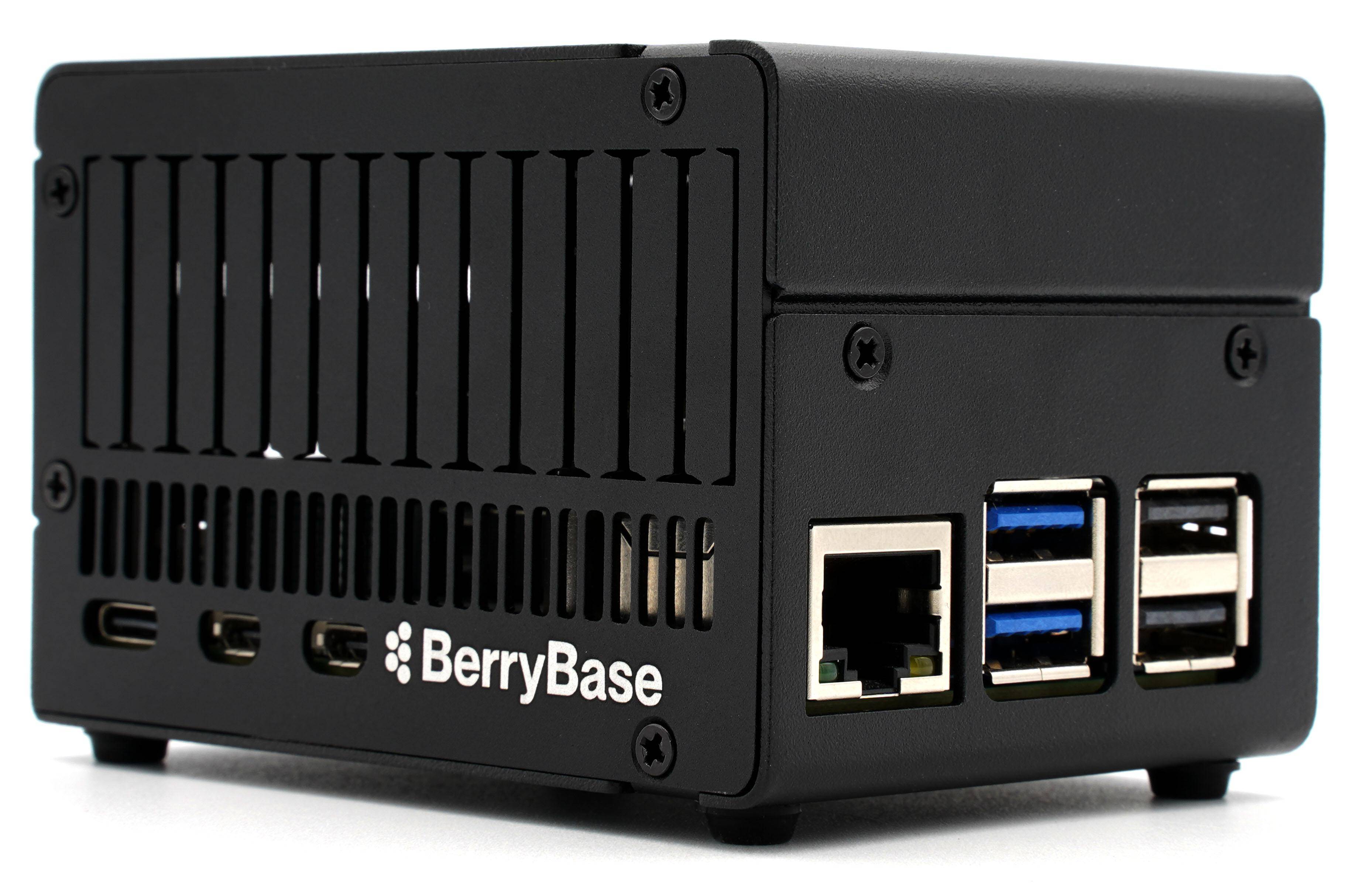 BerryBase Gehäuse für Raspberry Pi 5, für NVMe HATs, eloxiertes Aluminium, sandgestrahlt, schwarz