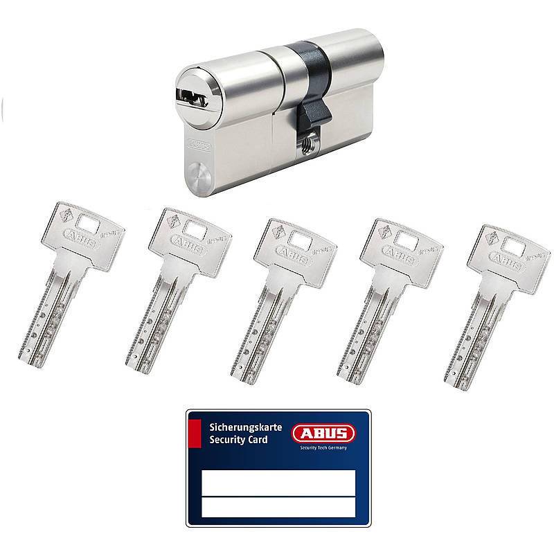 Ein Zylinderschloss mit fünf unten angezeigten Schlüsseln und eine Sicherheitskarte mit der Kennzeichnung 'Sicherungskarte Security Card' mit 'ABUS'-Branding.