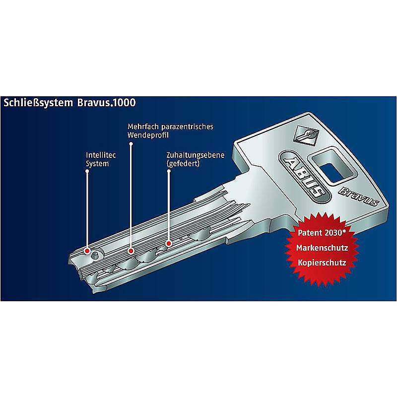 4er Abus Bravus 1000 Doppelzylinder 30/30 12 Schl., Sicherheitslevel:MITTEL | Bravus.1000 Doppelzylinder-Set | Maße (Au