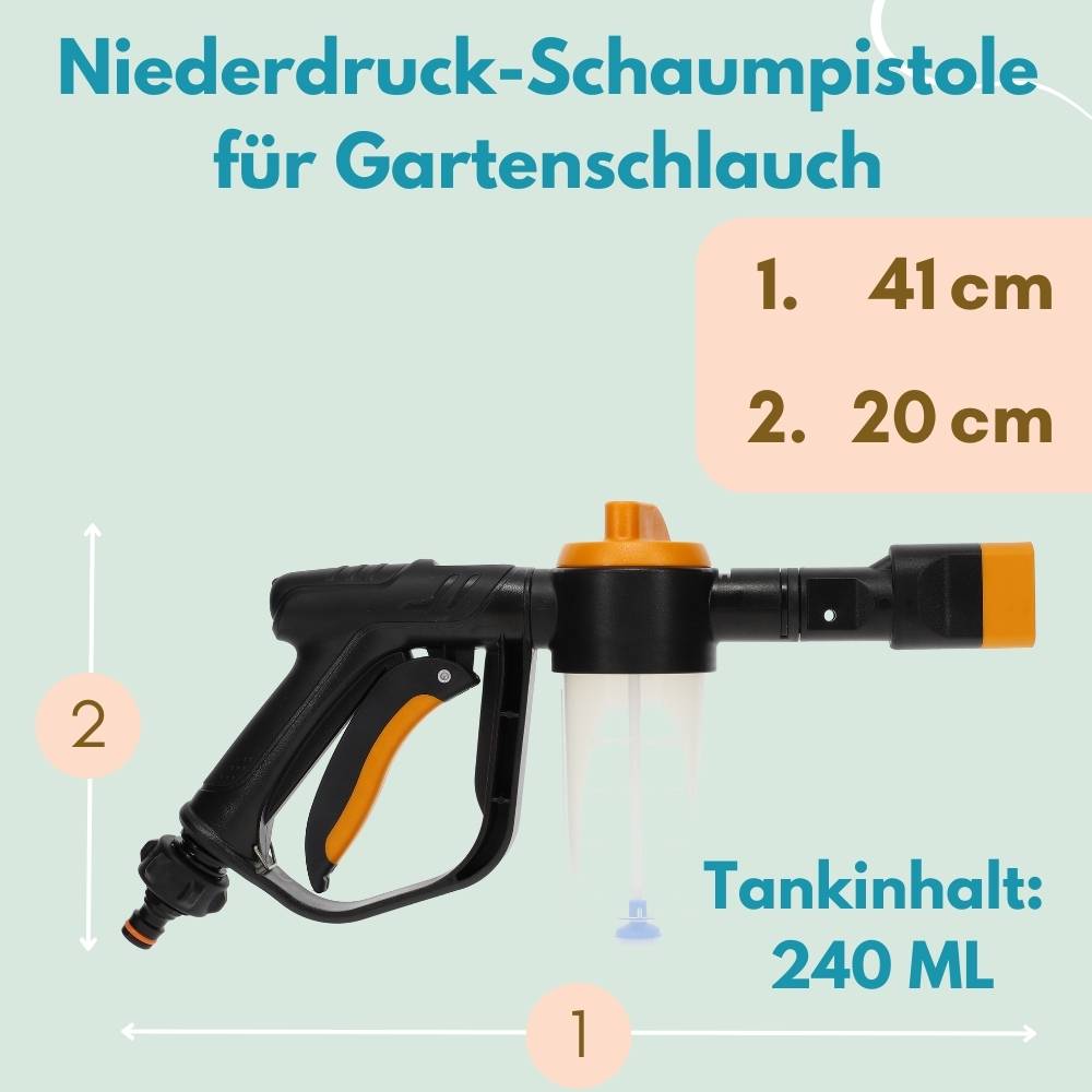Eine Niederdruck-Schaumspritzpistole für Gartenschläuche wird mit folgenden Maßen angezeigt: 41 cm Länge, 20 cm Höhe und eine Tankkapazität von 240 ml.