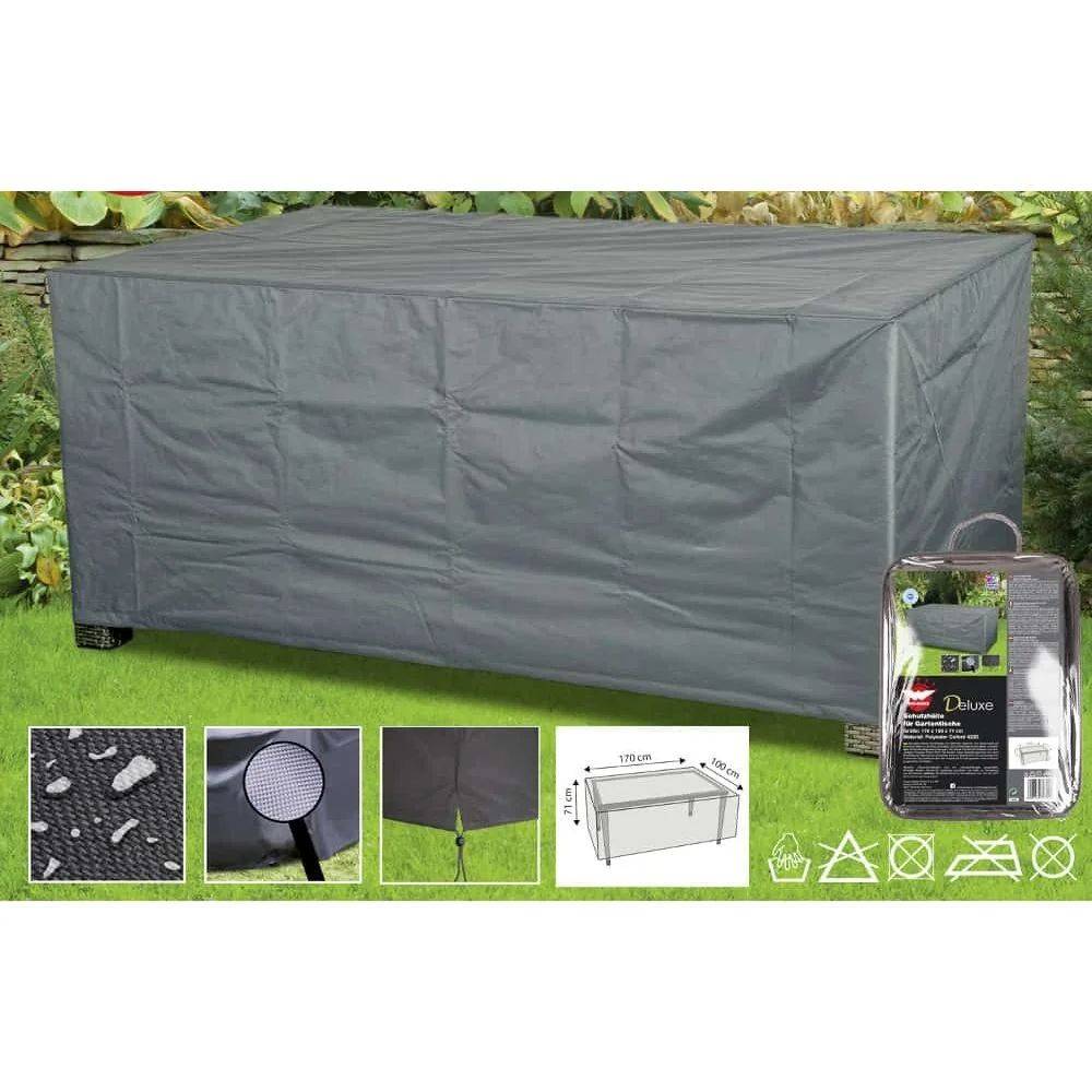 Eine graue Schutzhülle für Gartenmöbel schützt einen rechteckigen Tisch. Einsätze zeigen Nahaufnahmen des Materials, der wasserdichten Eigenschaften und der Verpackung.