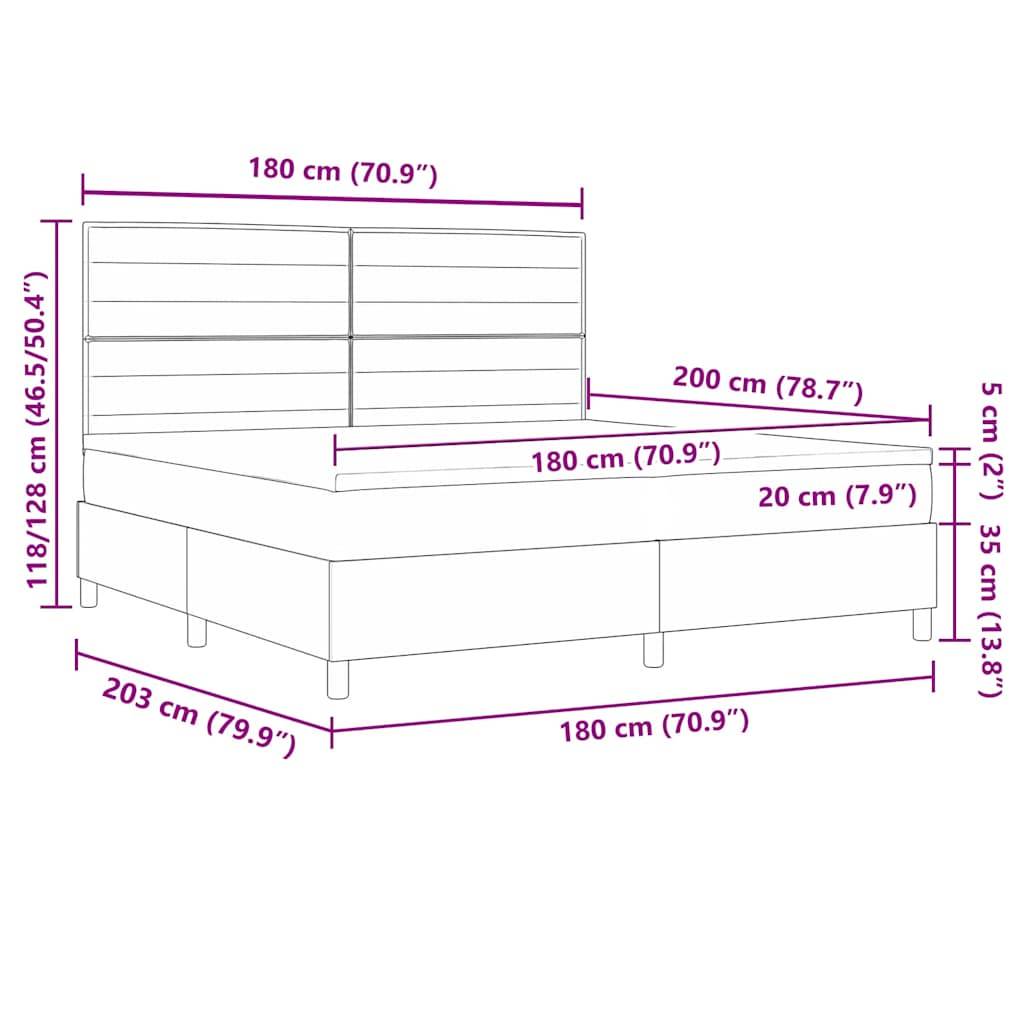 Ein Diagramm eines Bettgestells mit Abmessungen: Breite 180 cm, Länge 200 cm, Höhe 35 cm bis 128 cm. Die Beschriftungen zeigen die Zeichnung in Zentimetern an.