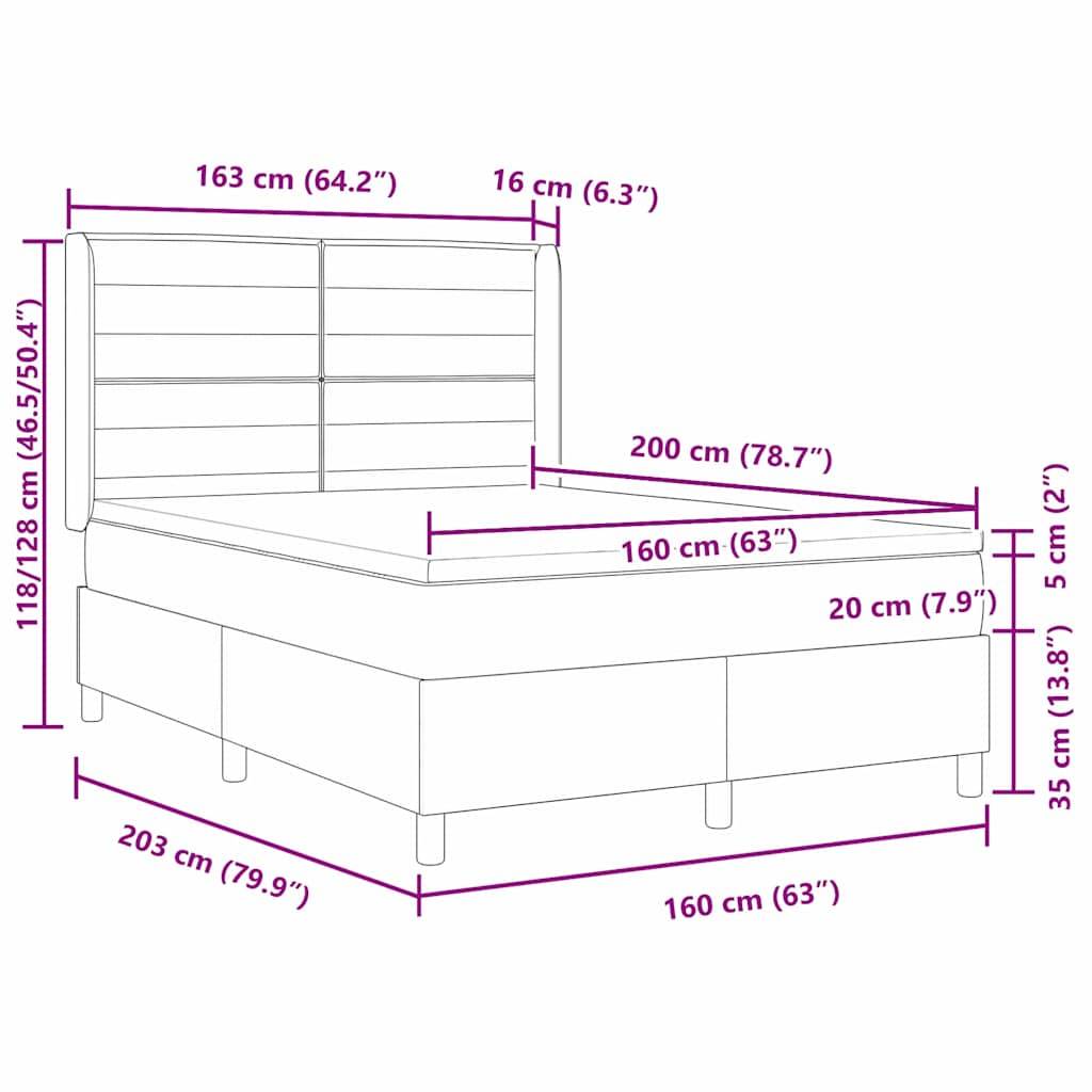 Bettmaße: Länge 203 cm, Breite 160 cm, Höhe 118/128 cm. Matratze: 200 cm x 160 cm. Fußhöhe 35 cm.
