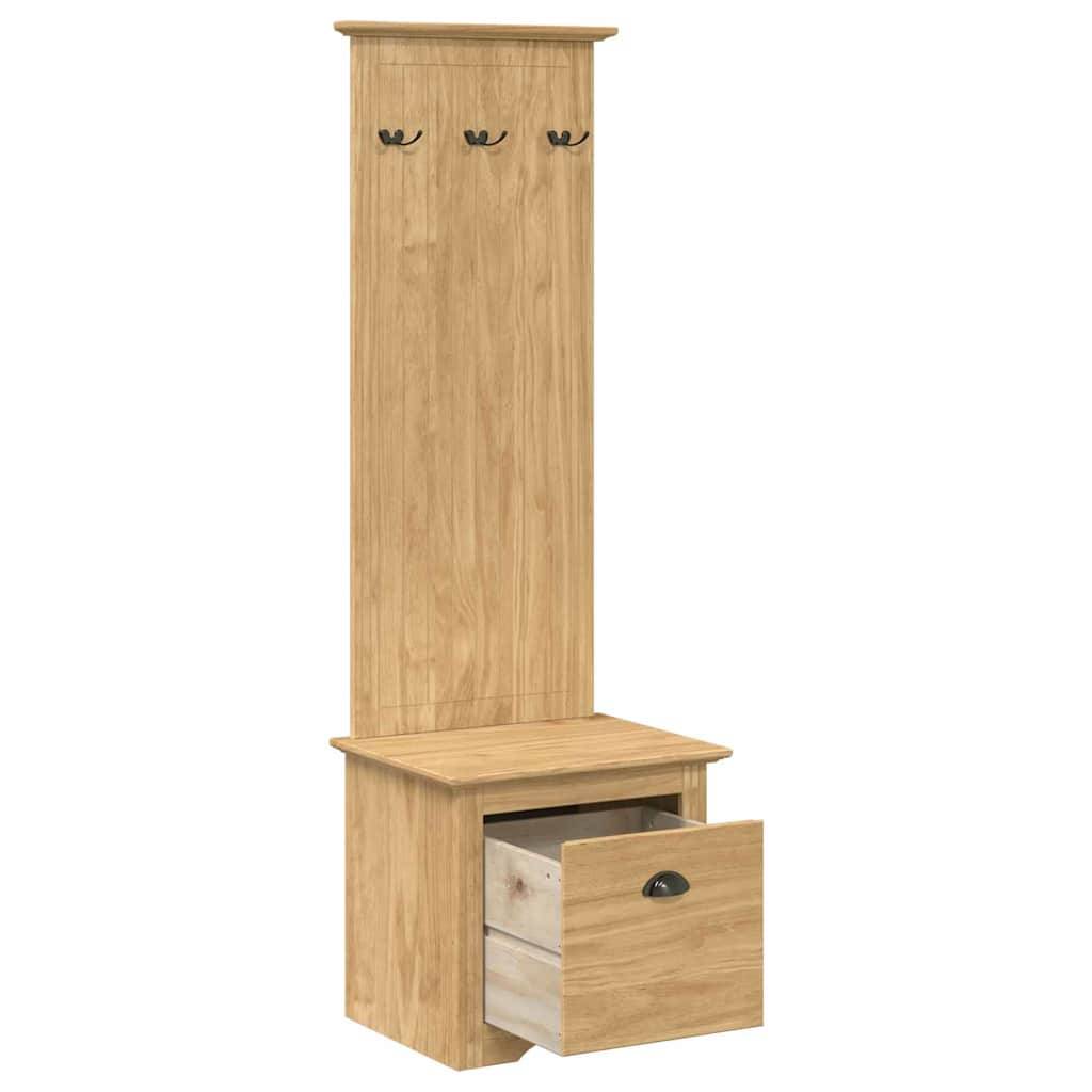 Holzgarderobenständer mit drei Metallhaken, einer kleinen Bank und einer offenen Schublade zur Aufbewahrung am unteren Ende.