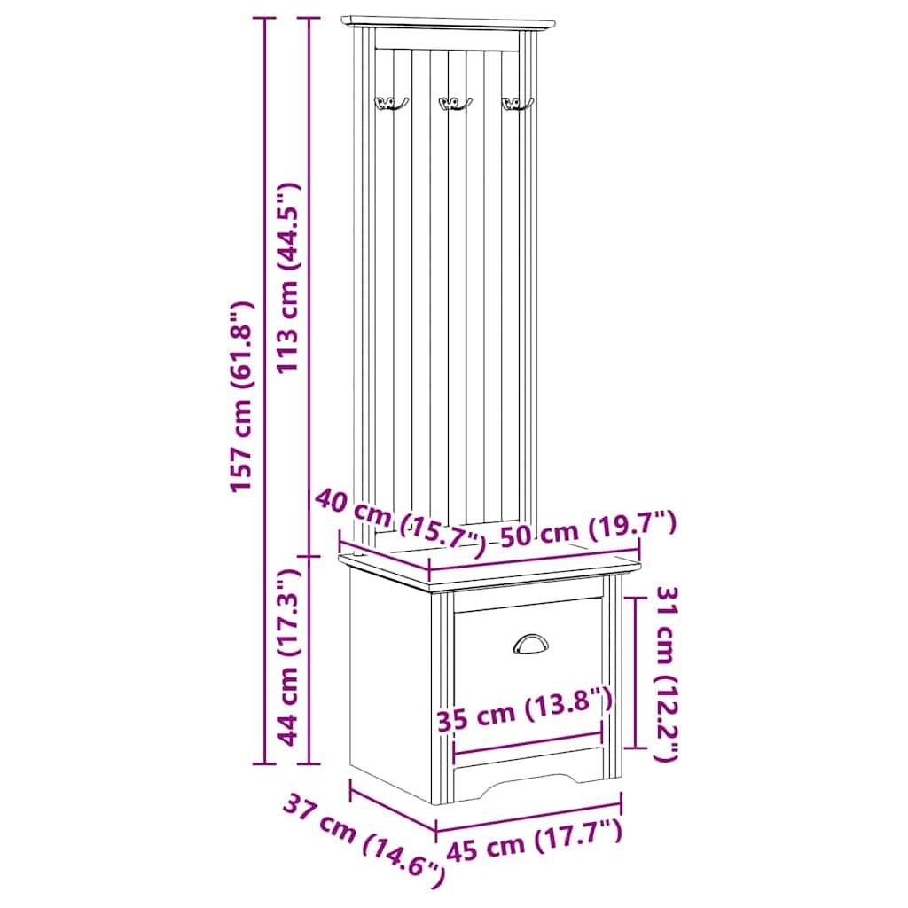 Diagramm eines Garderobenstanders mit Haken und Sitzbank mit Abmessungen: Gesamthöhe 157 cm, Bankhöhe 44 cm, Länge 37-45 cm, Tiefe 35 cm.