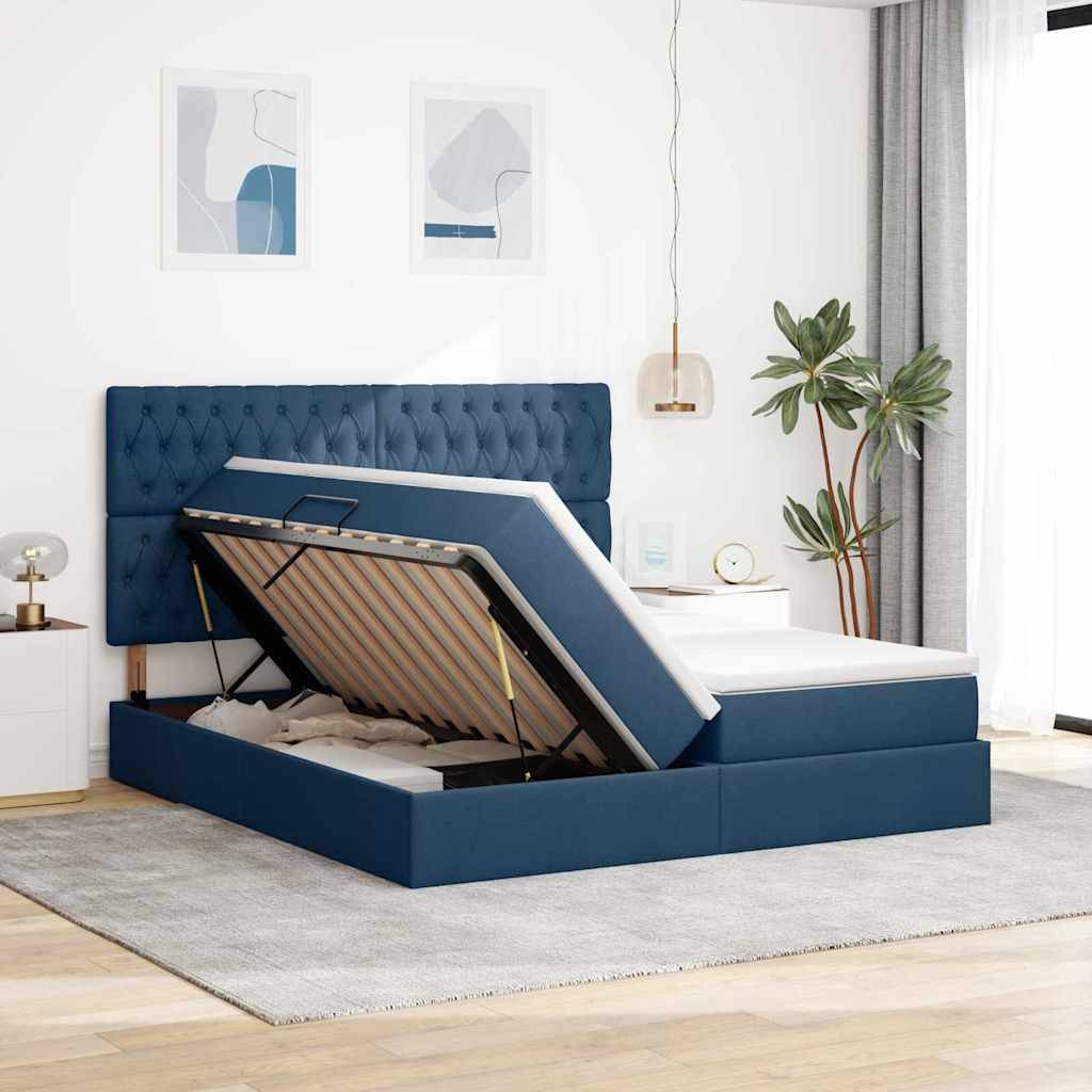 vidaXL LED-Speicherbett mit Matratze Blau 200 x 200 cm Stoff