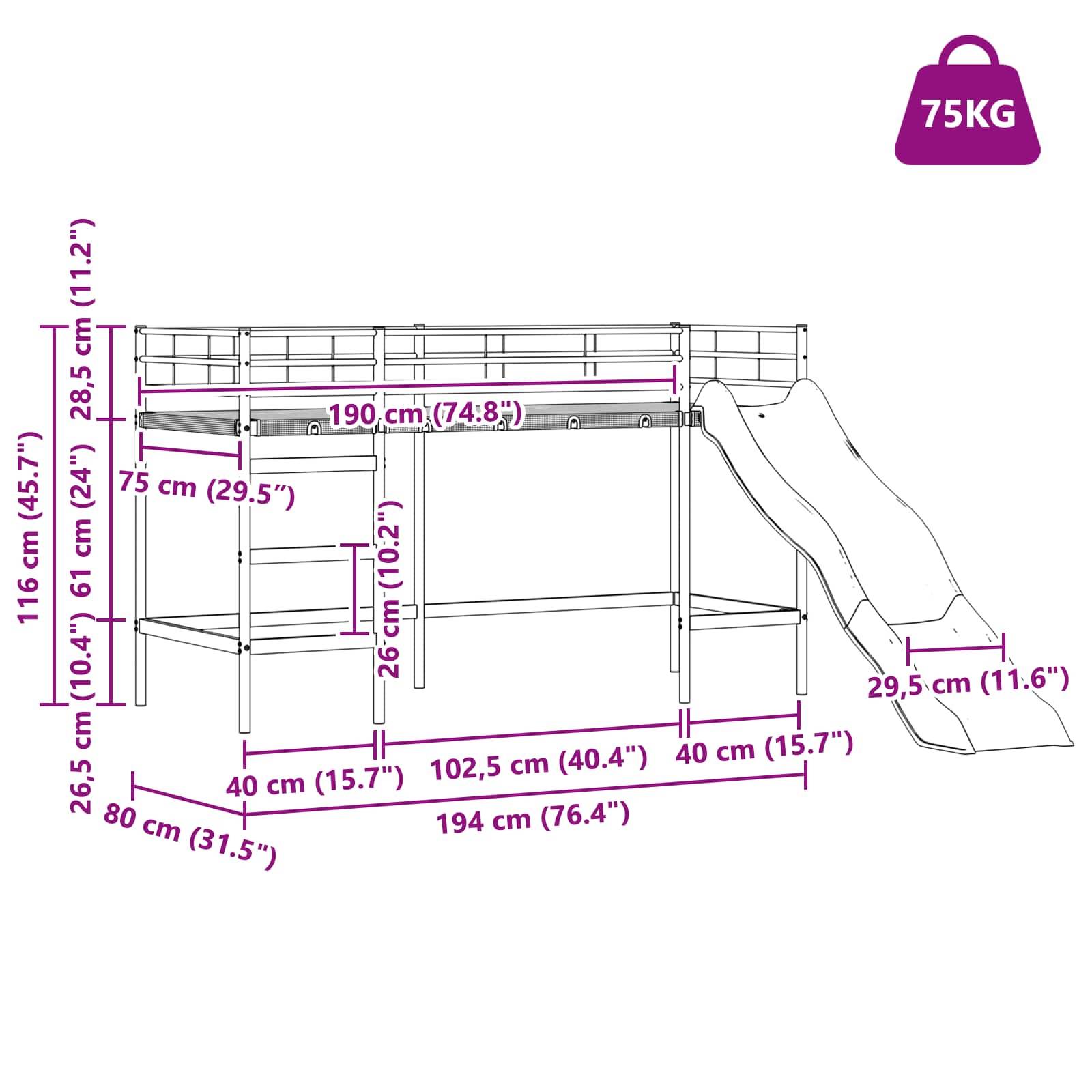 Hochbett mit Rutsche Abmessungen: 116 cm hoch, 190 cm lang, 84 cm breit. Enthält Schreibtisch und Spielbereich. Gewichtslimit: 75 kg.