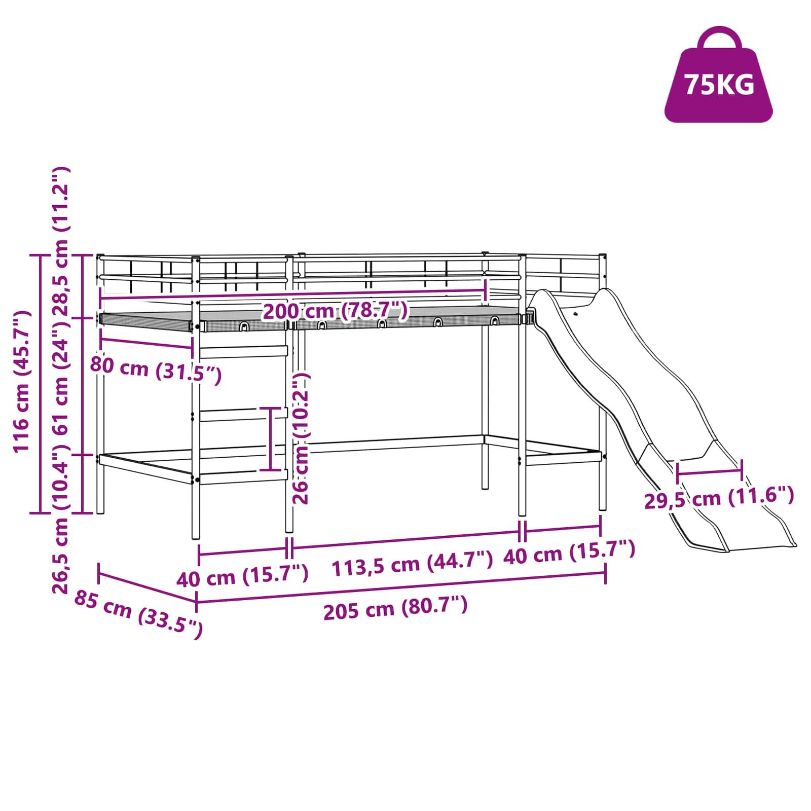Kinderhochbett mit Rutsche, Abmessungen mit Beschriftung: Bettlänge 200 cm, Höhe 114,5 cm, Rutschenlänge 113,5 cm. Gewichtslimit: 75 kg.