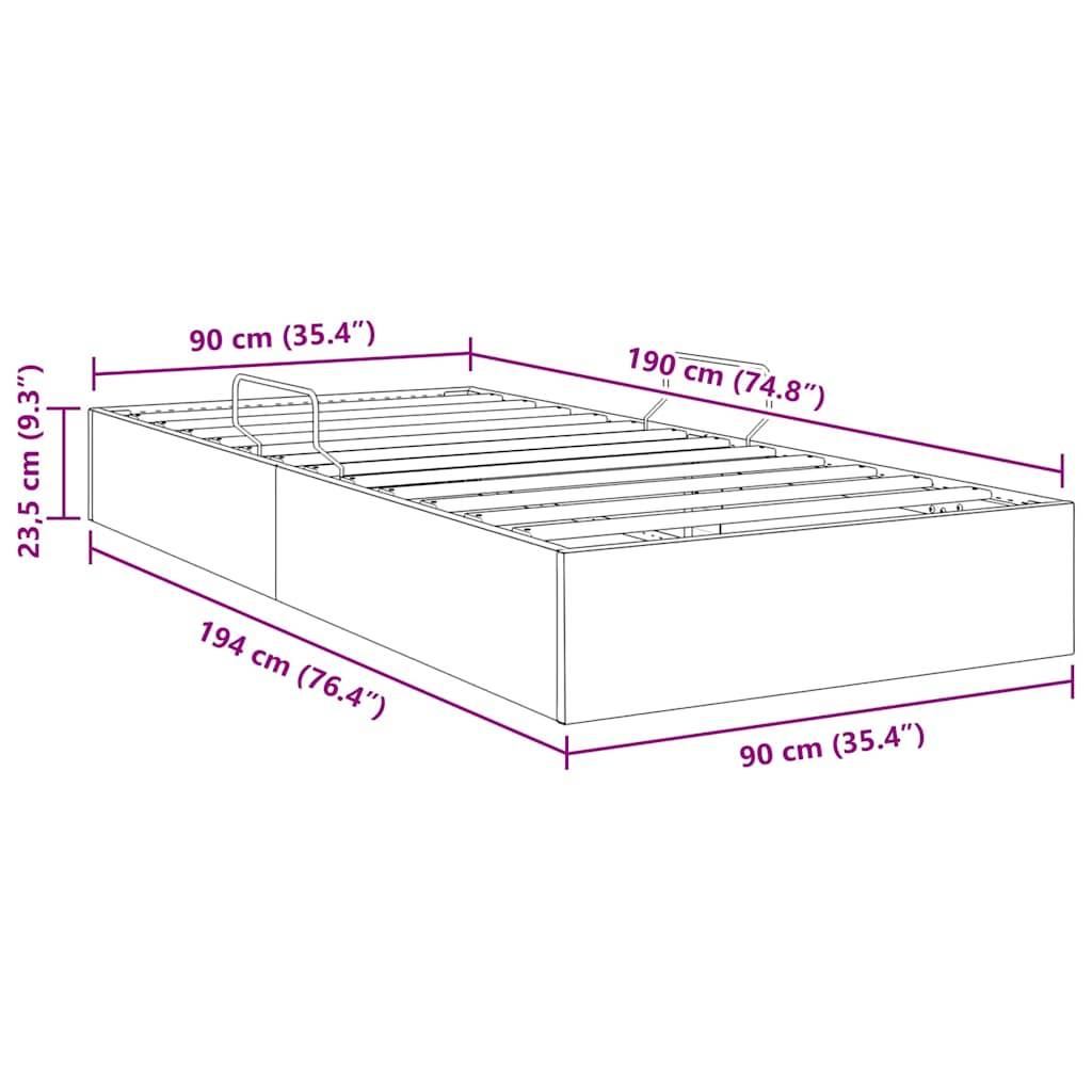 Illustration eines Bettgestells mit Abmessungen: Länge 194 cm (76,4