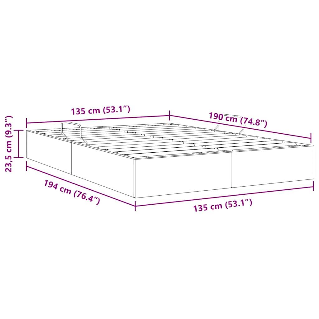 Eine Strichzeichnung eines Bettgestells mit Abmessungen: Breite 135 cm (53,1 Zoll), Länge 190 cm (74,8 Zoll), Höhe 23,5 cm (9,3 Zoll).