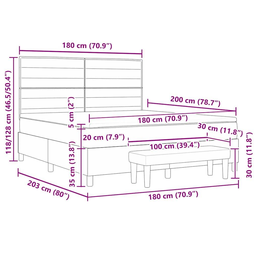 Diagramm eines Bettes mit Abmessungen: Kopfteilhöhe 118/128 cm, Breite 180 cm, Länge 203 cm. Bank: Länge 100 cm, Breite 30 cm, Höhe 30 cm.