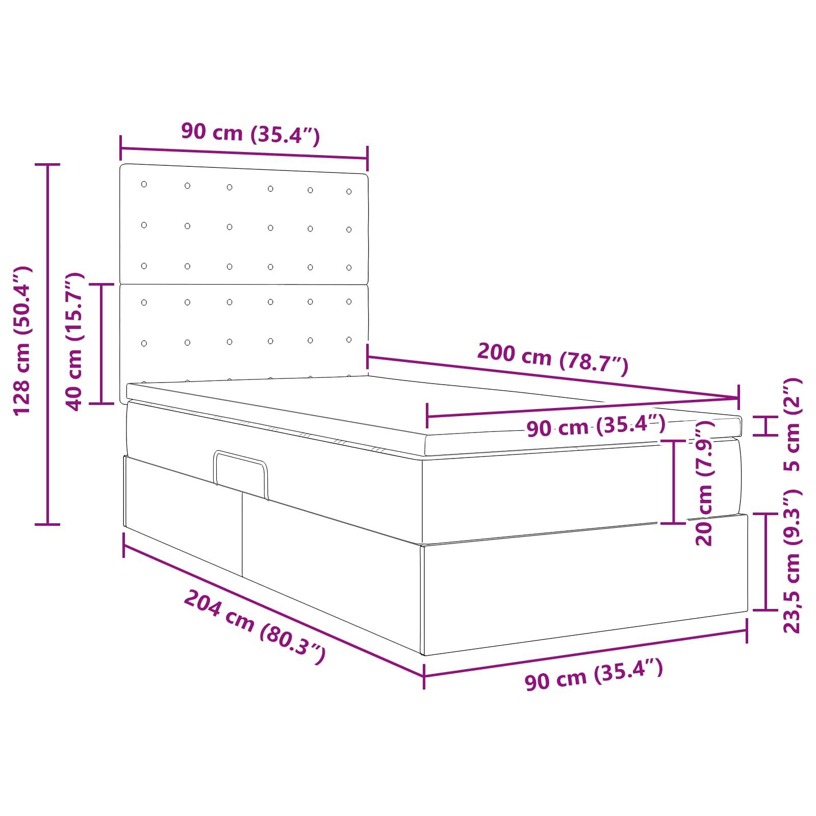 Linienzeichnung einer Box mit Maßen: Höhe 128 cm, Breite 90 cm, Tiefe 204 cm. Zusätzliche Abmessungen: Kopfteil 90 cm; Sitzfläche 40 cm hoch; Frontbereich 20 cm hoch, 5 cm Sockel.
