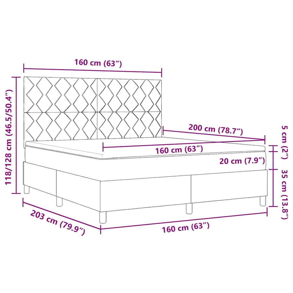 Diagramm eines Bettgestells mit Abmessungen in Zentimetern und Zoll: Höhe 118/128 cm (46,5/50,4 Zoll), Länge 203 cm (79,9 Zoll), Breite 160 cm (63 Zoll).