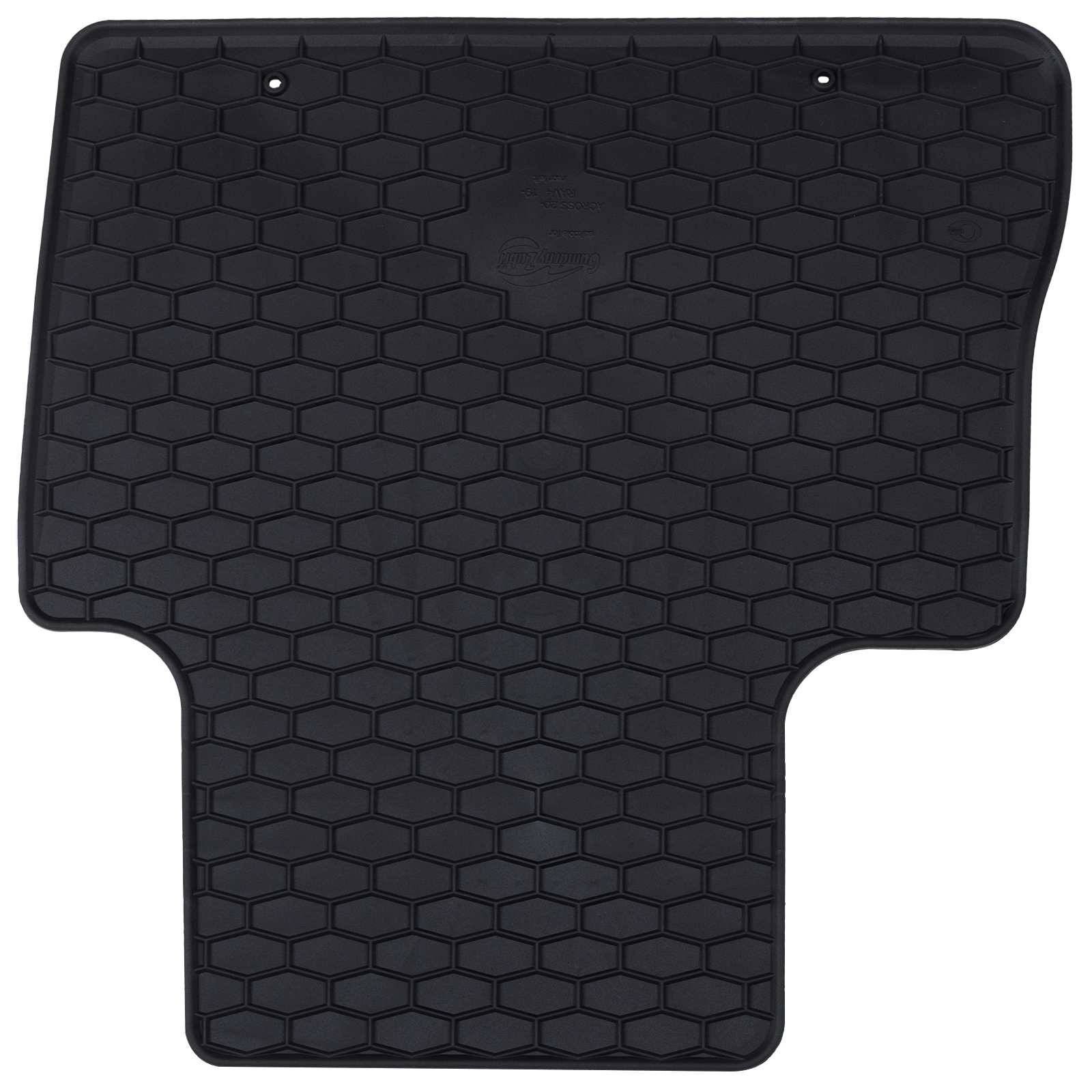 Schwarze Gummiauto-Fußmatte mit hexagonalem Muster, entworfen um in den hinteren Bereich eines Fahrzeugs zu passen und Schutz vor Schmutz und Verschleiß zu bieten.