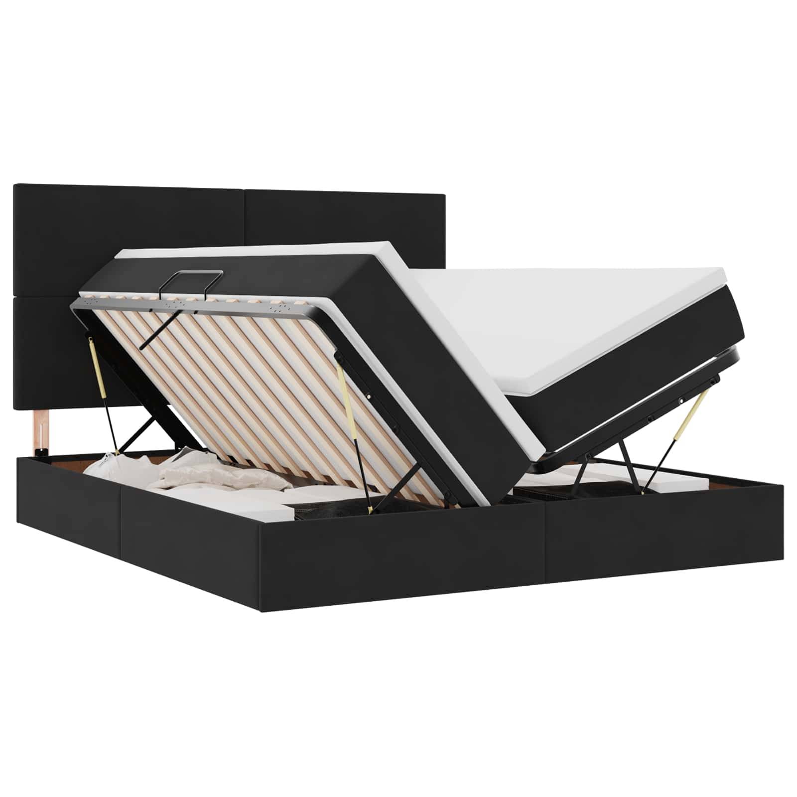 Ein schwarzes Speicherbett mit teilweise angehobener Matratze, die den Stauraum darunter freigibt. Das Bett hat ein modernes Design mit gepolstertem Kopfteil.
