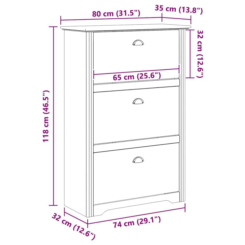 Abmessungen eines dreischichtigen Schranks mit Griffen: Höhe 118 cm (46,5''), Breite 80 cm (31,5''), Tiefe 35 cm (13,8''). Schublade: 65 cm (25,6'').