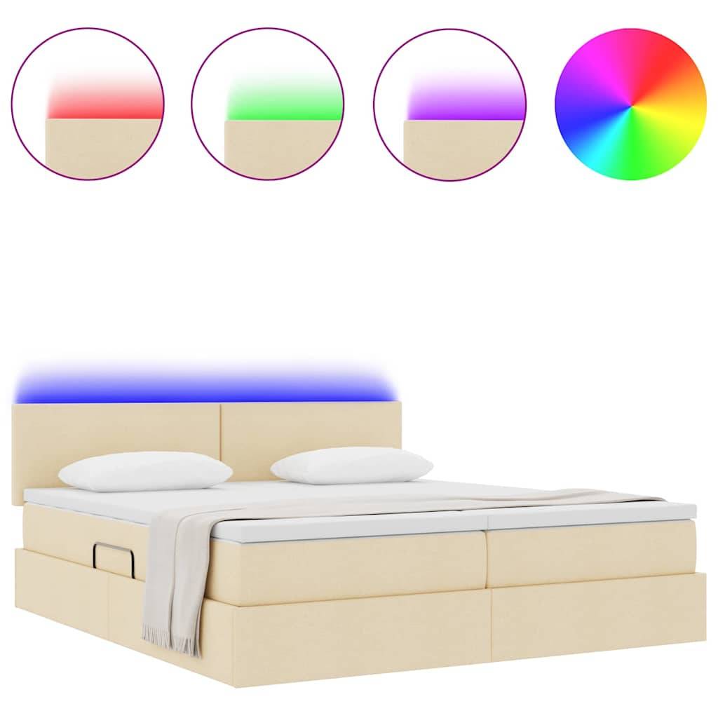 Ein beiges Bett mit leuchtender Kopfleiste zeigt verstellbare LED-Farben: rot, grün, blau. Kreisförmiges Regenbogenfarbverlauf-Symbol auf der rechten Seite.