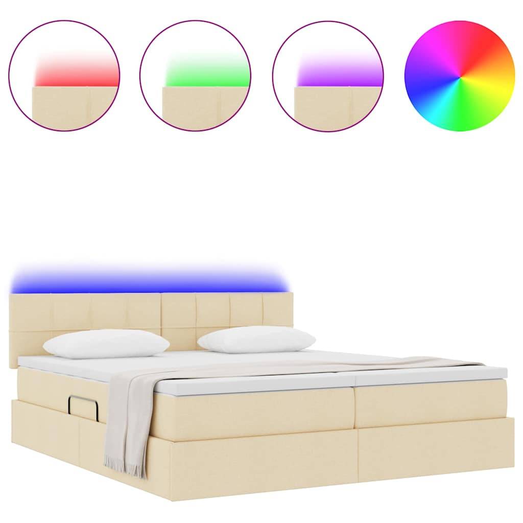 Ein beiges Bett mit einer LED-beleuchteten Kopfleiste, die Farboptionen anzeigt, darunter Rot, Grün, Blau und ein Farbrad mit mehreren Farben. Auf dem Bett liegen zwei Kissen und eine Decke.