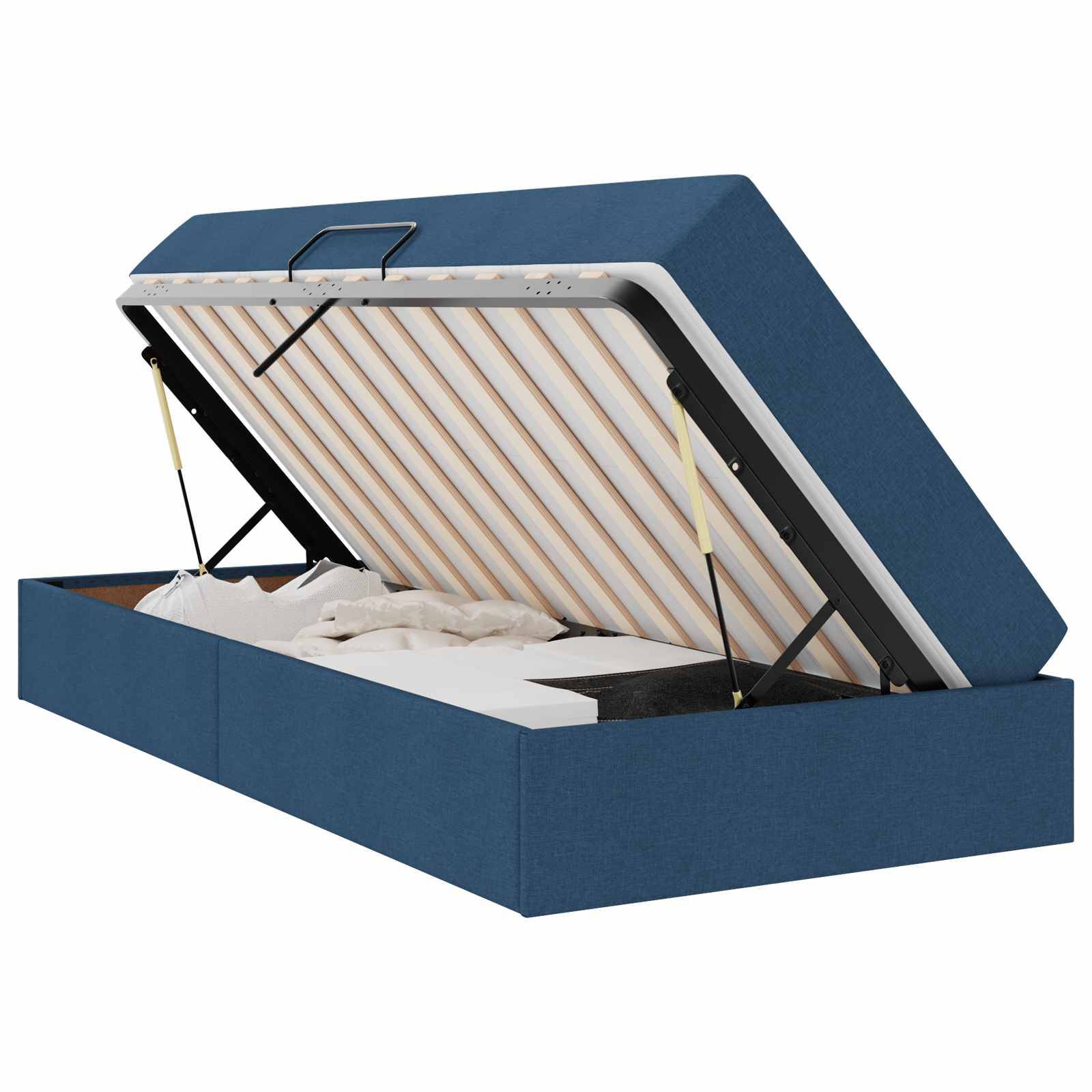 Ein blauer gepolsterter Bettrahmen mit hydraulischem Lift offenbart Stauraum unter dem Bett. Bettwäsche ist teilweise sichtbar im offenen Fach.