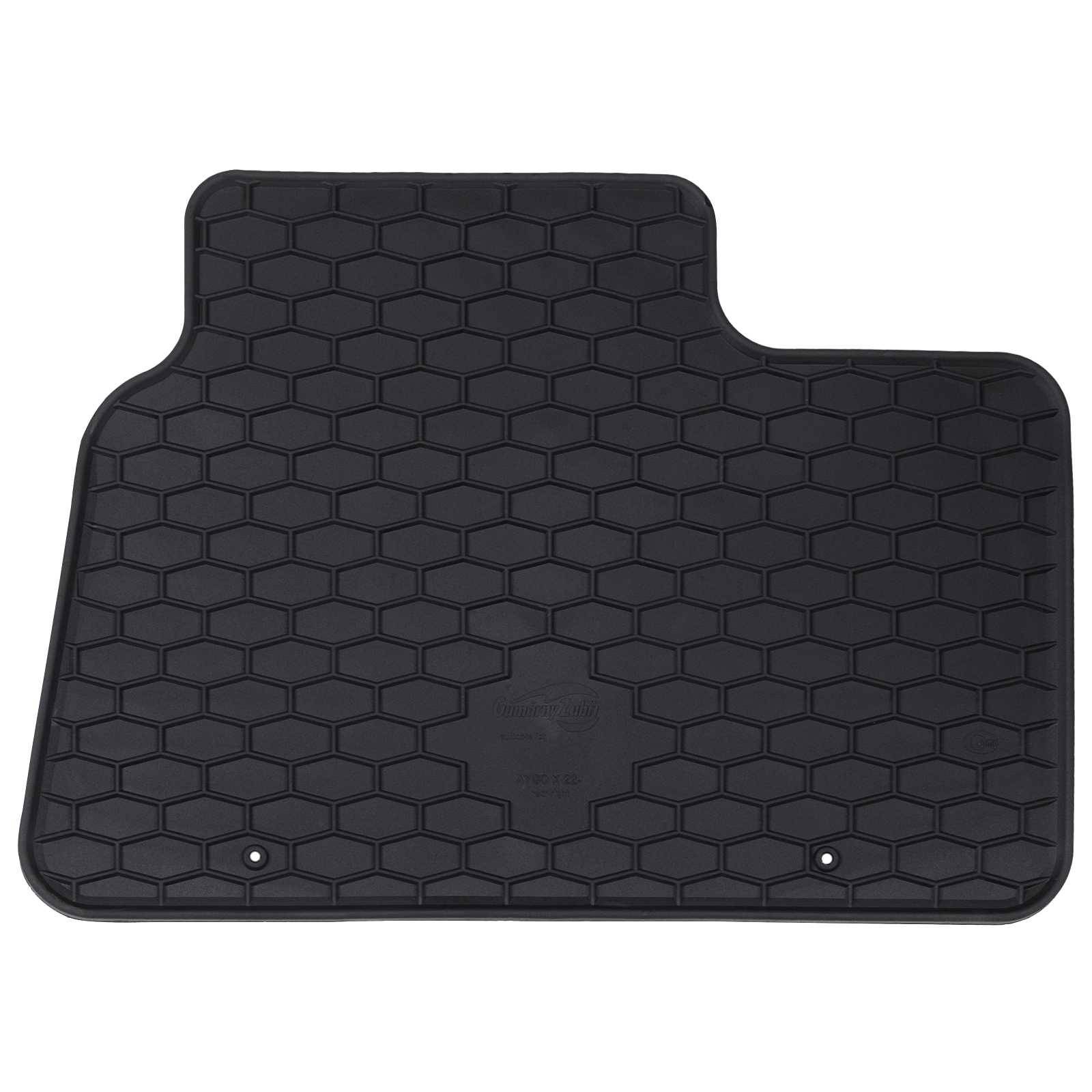 Eine schwarze Autofußmatte mit Wabenmusters-Design, die zwei Löcher am Boden zur Befestigung aufweist.