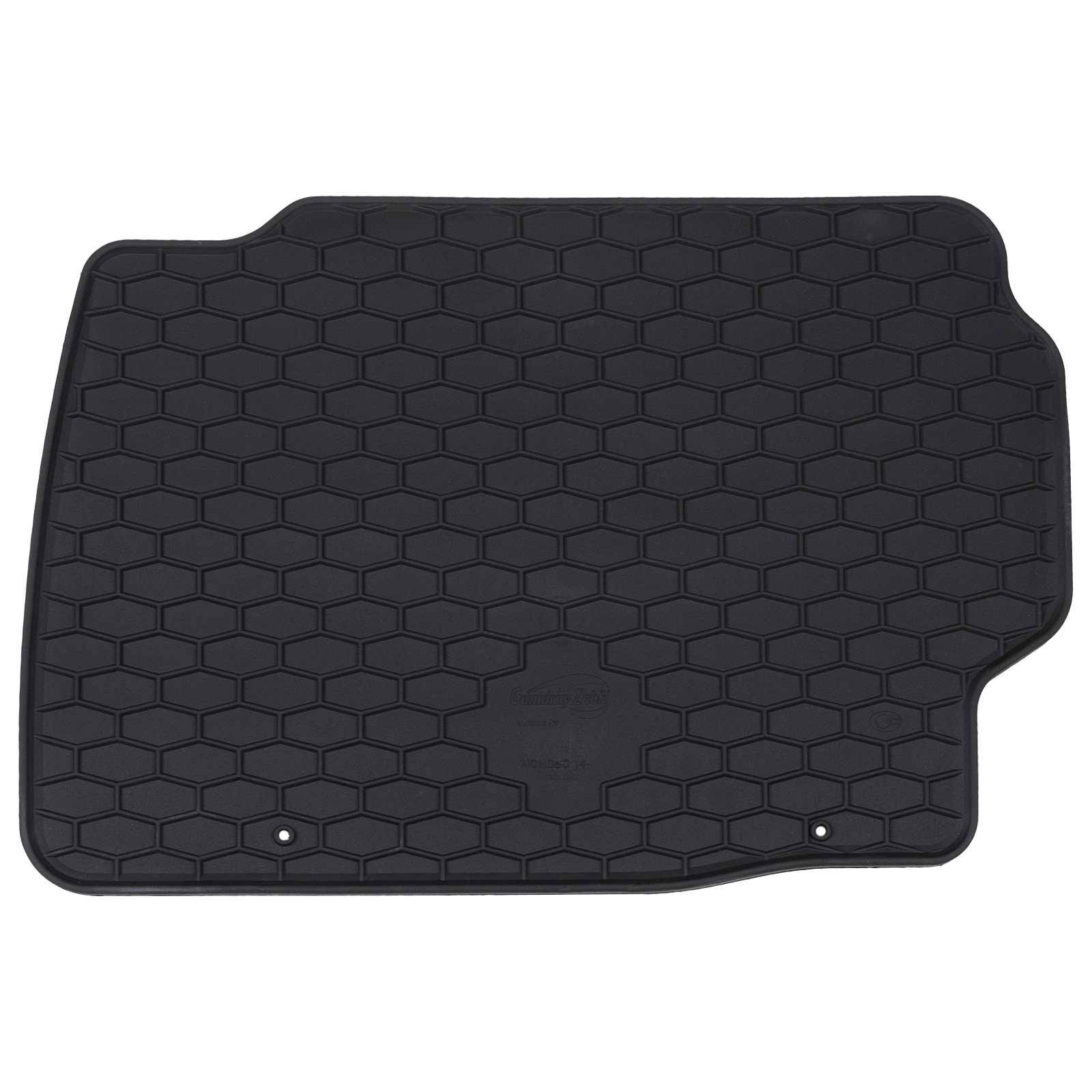 Eine schwarze Autofußmatte mit hexagonalem Muster, entworfen für den hinteren Fahrgastbereich, die Schutz vor Schmutz und Verschüttungen bietet.