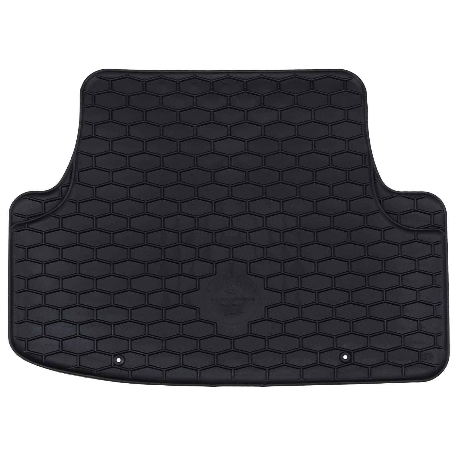 Schwarze Autofußmatte mit hexagonalem Muster, entworfen für den hinteren Bereich eines Fahrzeugs, mit zwei kleinen Löchern zur Befestigung.