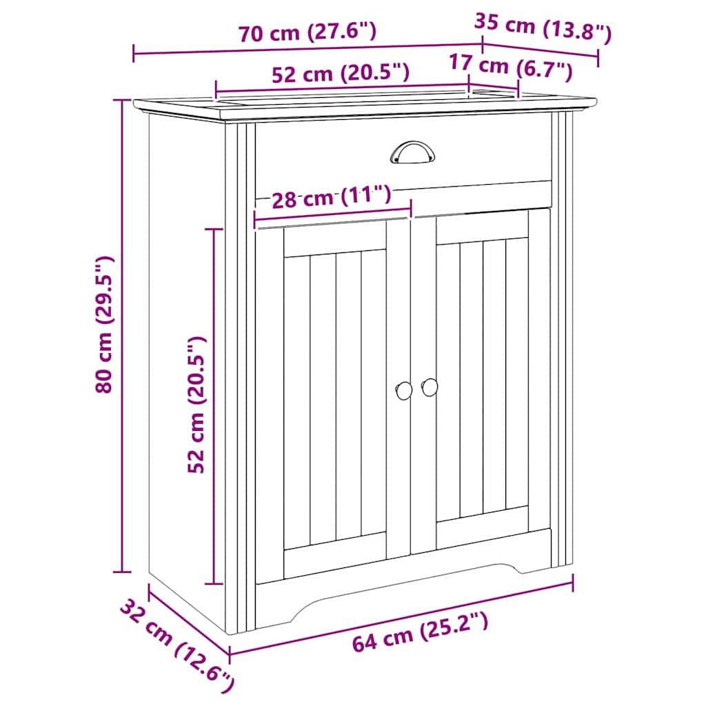 Ein Diagramm eines Schranks mit Maßangaben: Höhe 80 cm, Breite 64 cm, Tiefe 32 cm. Schublade: Breite 52 cm, Höhe 17 cm. Tür: Breite 28 cm, Höhe 52 cm.