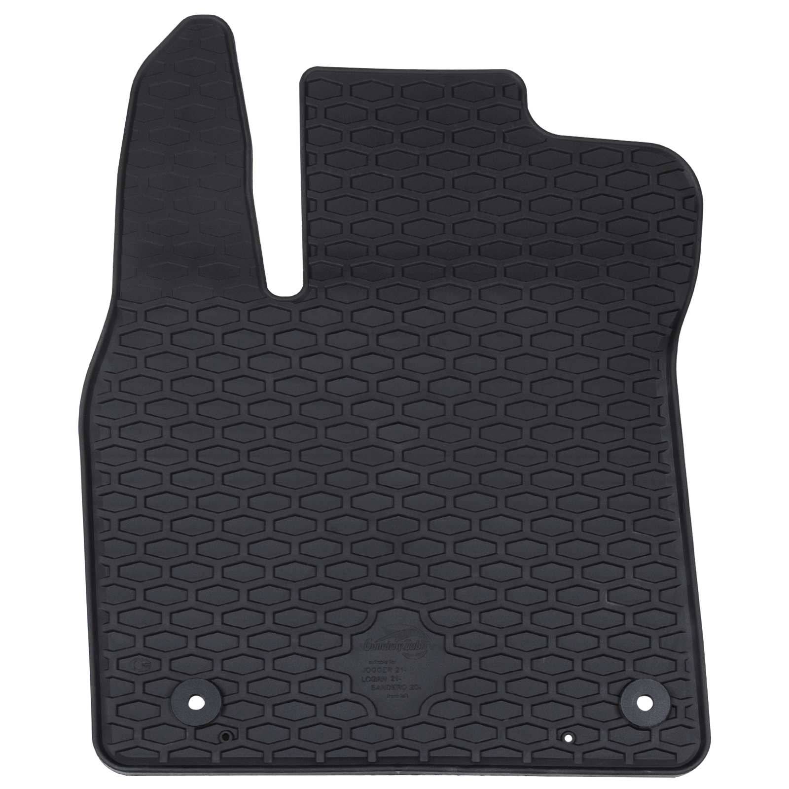 Eine schwarze Autofußmatte mit einem Sechskantmuster-Design, maßgeschneidert für ein spezifisches Fahrzeugmodell.