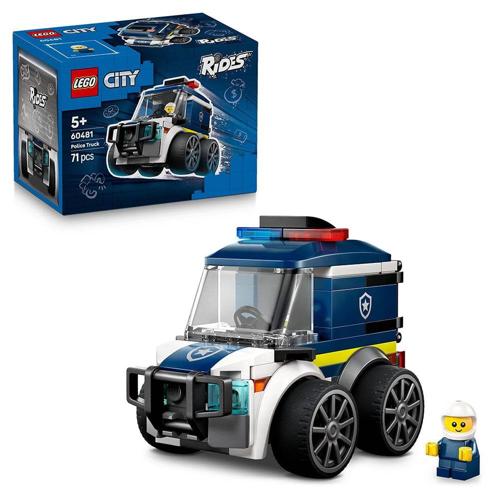 Lego City Polizeiauto-Set mit einem kleinen Spielzeugpolizeiauto und einer Minifigur. Das blau-weiße Auto weist ein Polizeiemblem auf.