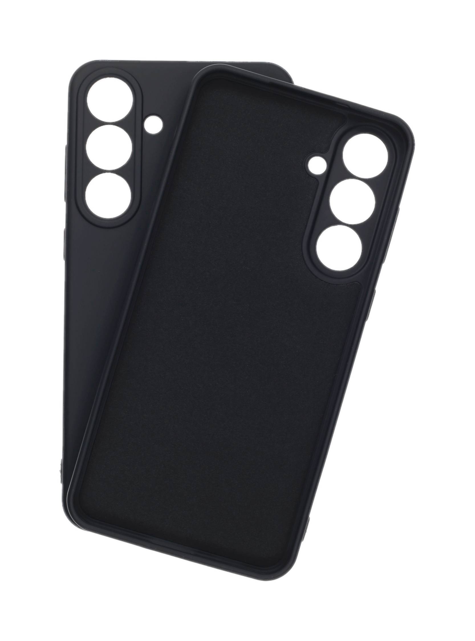Zwei matte schwarze Smartphone-Hüllen mit Aussparungen für Kamera und Tasten, schräg vor weißem Hintergrund angeordnet.