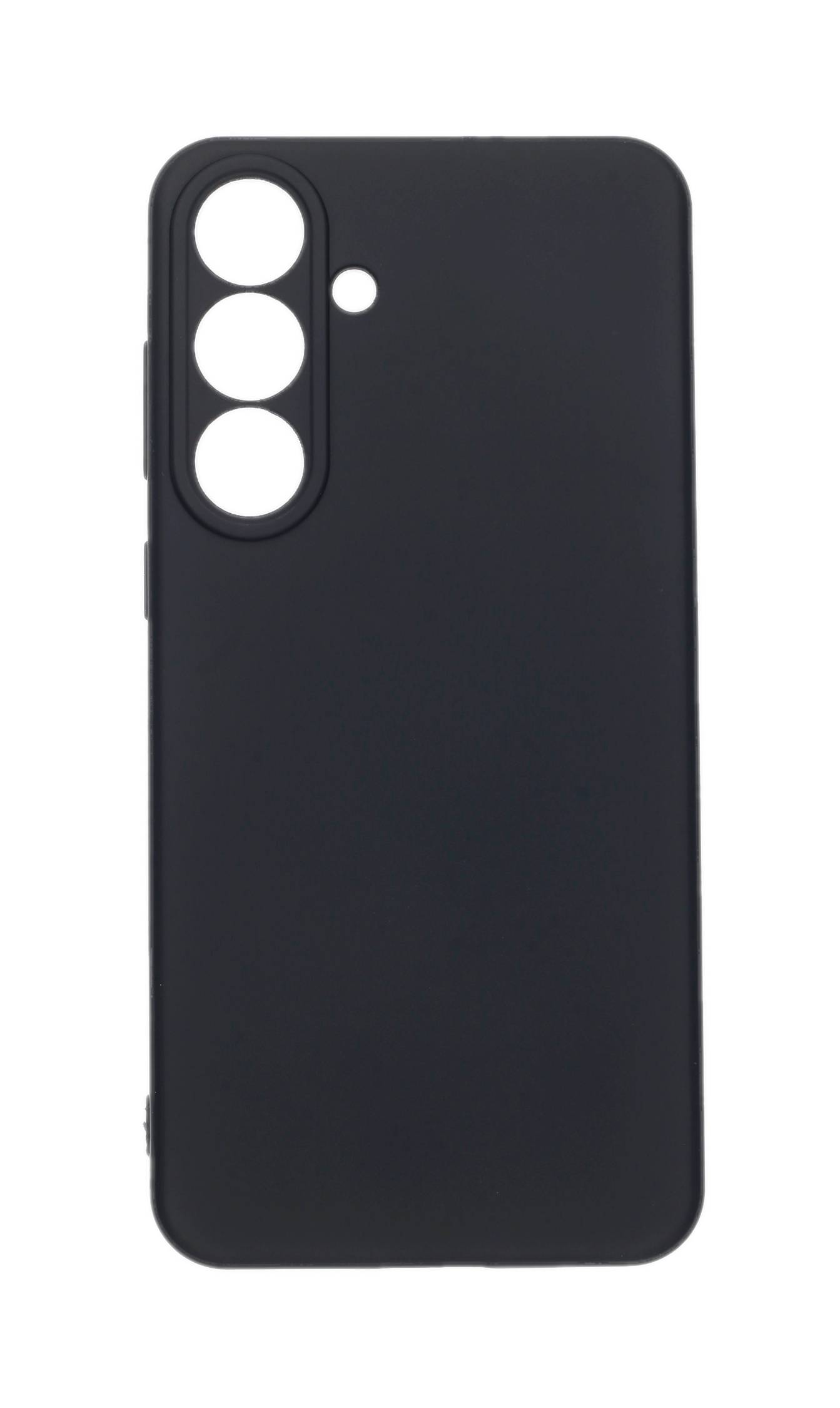 Schwarze Handyhülle mit zwei großen Öffnungen für Kameraobjektive und einer kleinen Öffnung, entworfen für ein Smartphone.