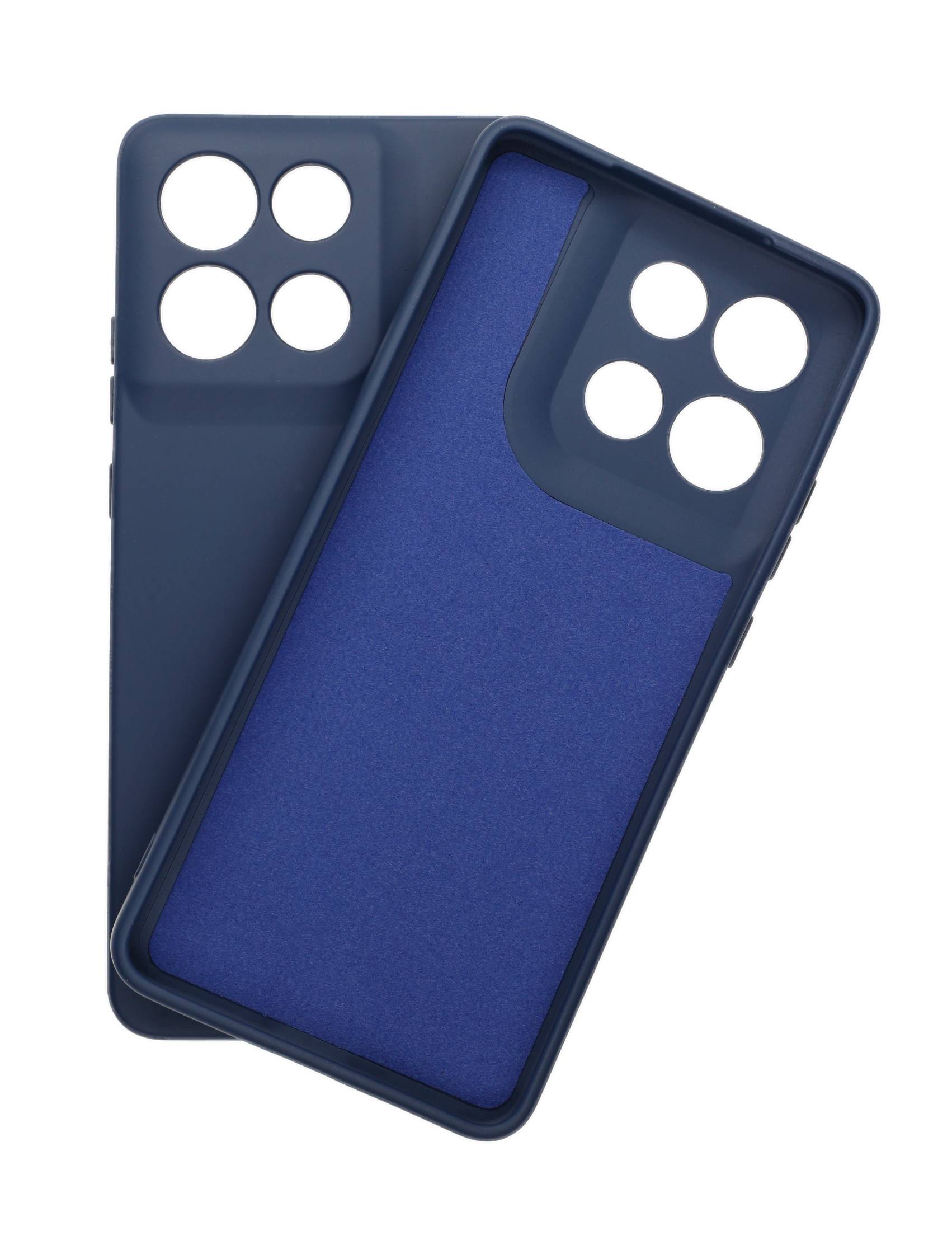 Zwei übereinander gestapelte blaue Smartphone-Hüllen, die Kameraausschnitte zeigen, die für Geräte mit vier rückseitigen Linsen ausgelegt sind.