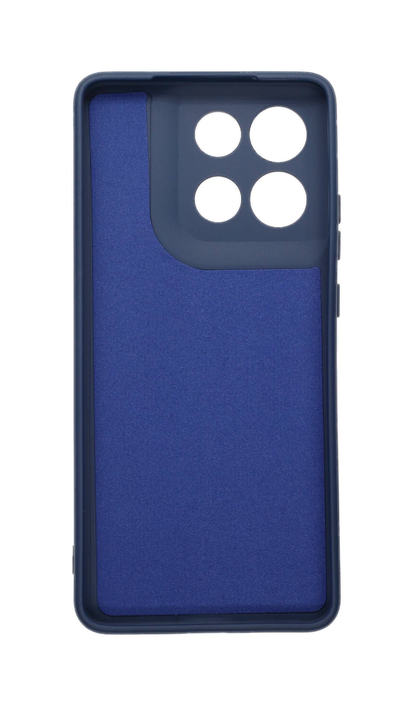 Ein blaues Handyschutzhülle mit vier Kameraausschnitten in der oberen linken Ecke.