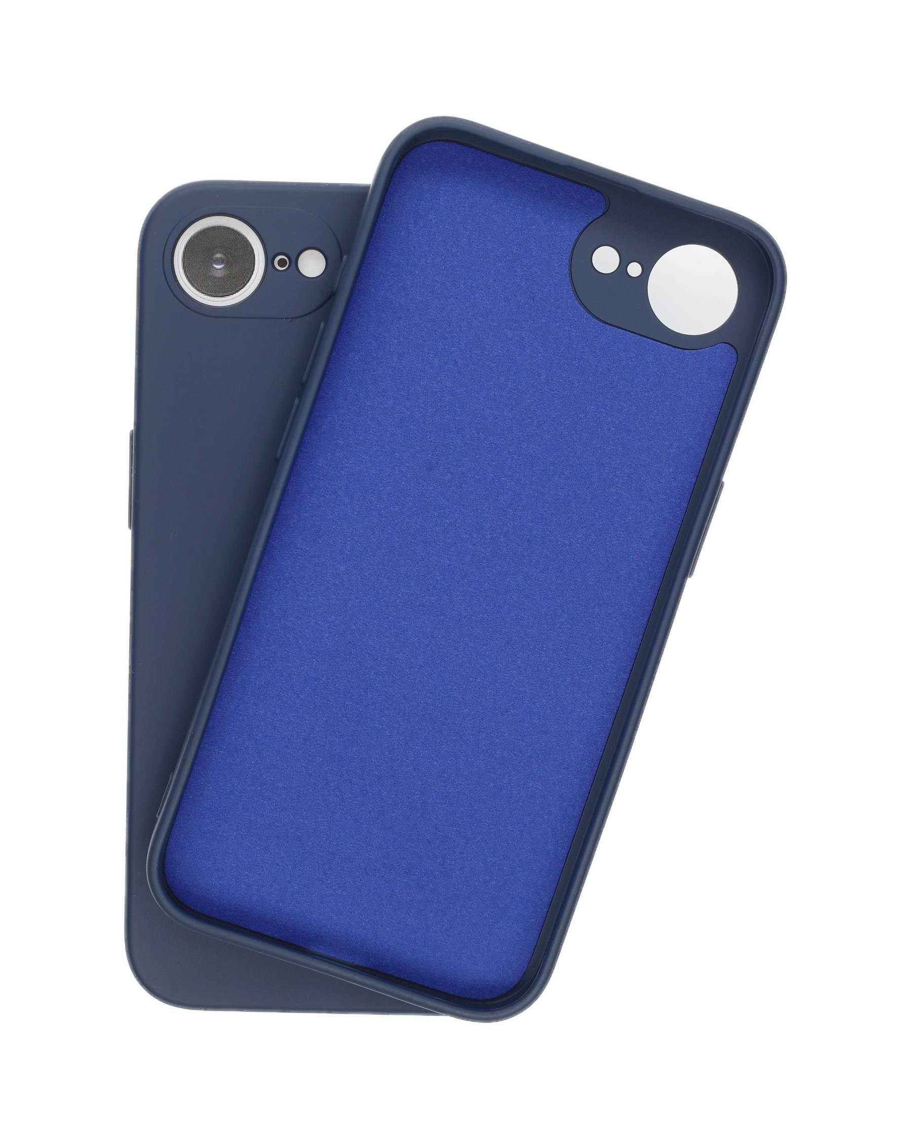 Zwei blaue Smartphone-Hüllen, eine mit der Oberseite nach oben und eine nach unten, zeigen die Kameraaussparung.