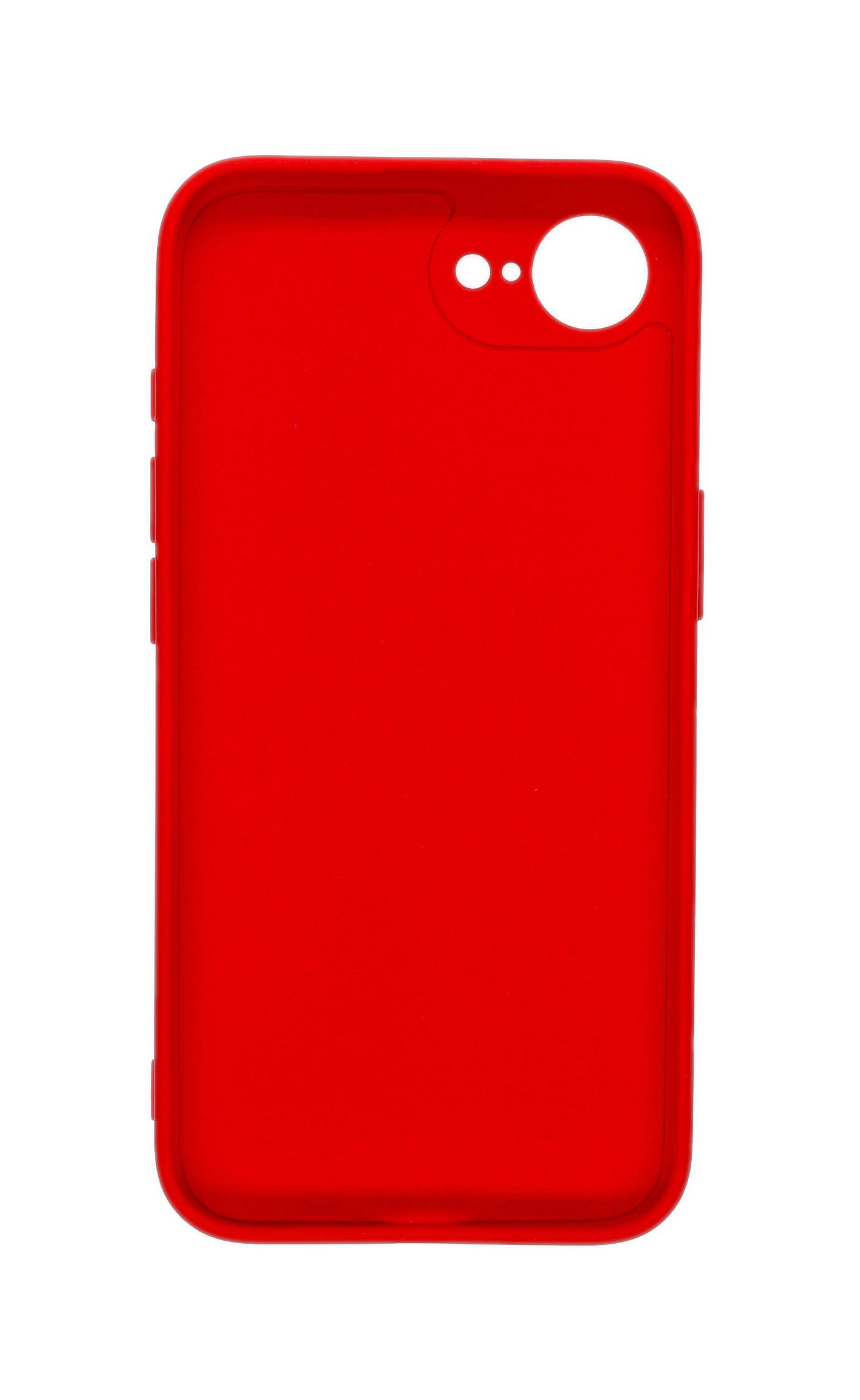 Eine rote Handyhülle mit einer Aussparung für die Kameraobjektive in der oberen linken Ecke.