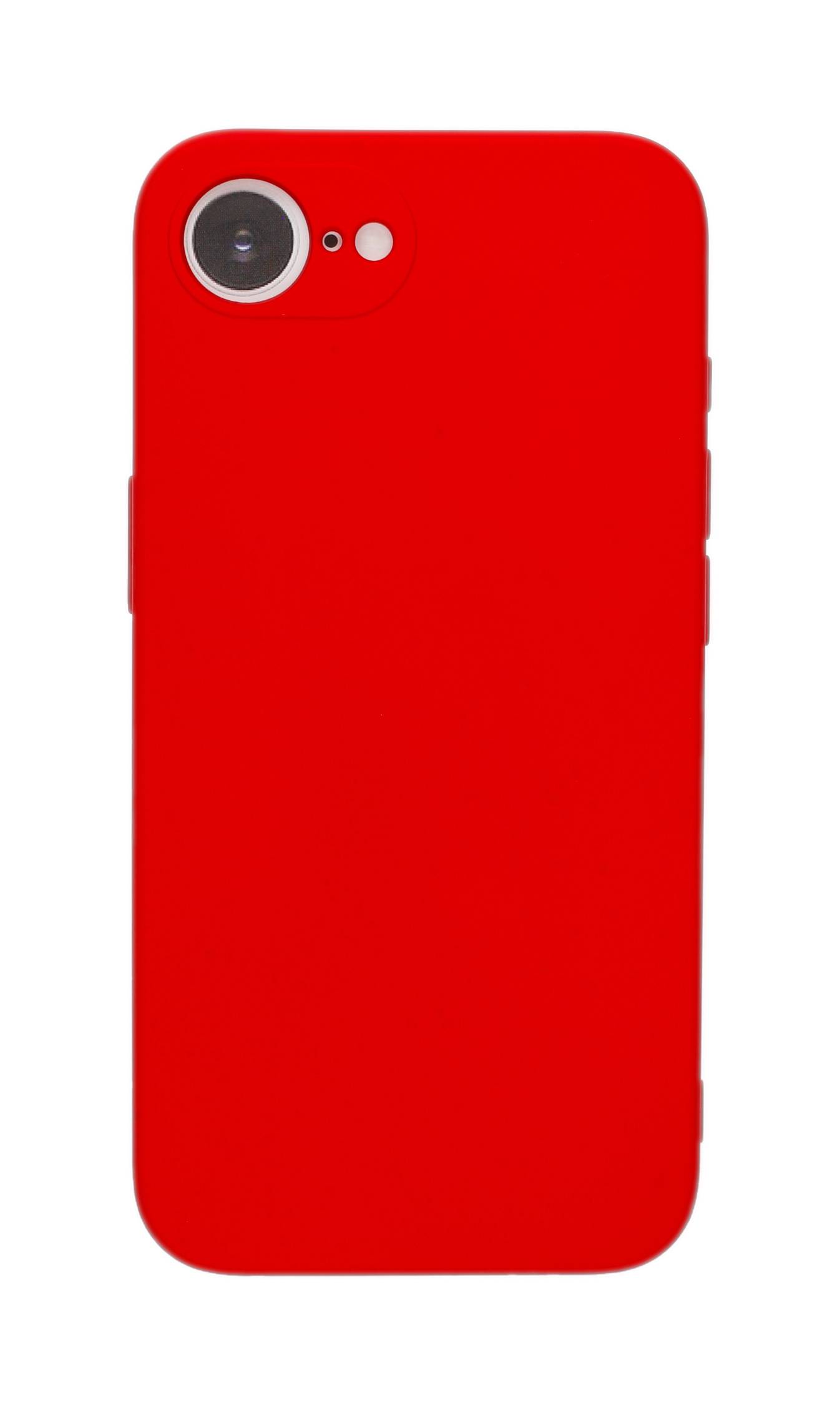 Rote Smartphone-Schutzhülle neben einem Smartphone mit sichtbarem Kameraobjektiv.