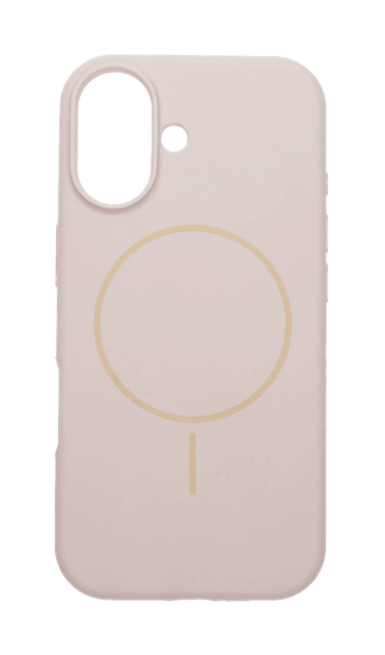 Ein beigefarbenes Smartphone-Gehäuse mit minimalistische kreisförmigem Design in der Mitte, mit Aussparungen für die Kamera und Tasten.