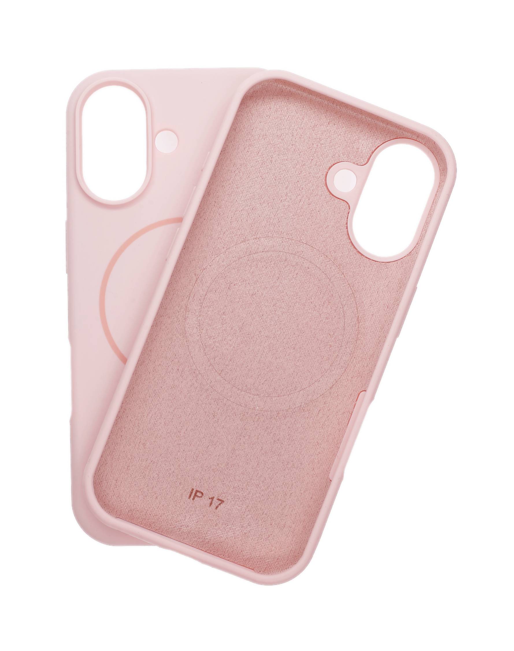 Zwei rosa Handyhüllen, übereinander geschichtet, mit kreisförmigen Mustern und Aussparungen für Kamera und Tasten, mit der Bezeichnung „IP 17