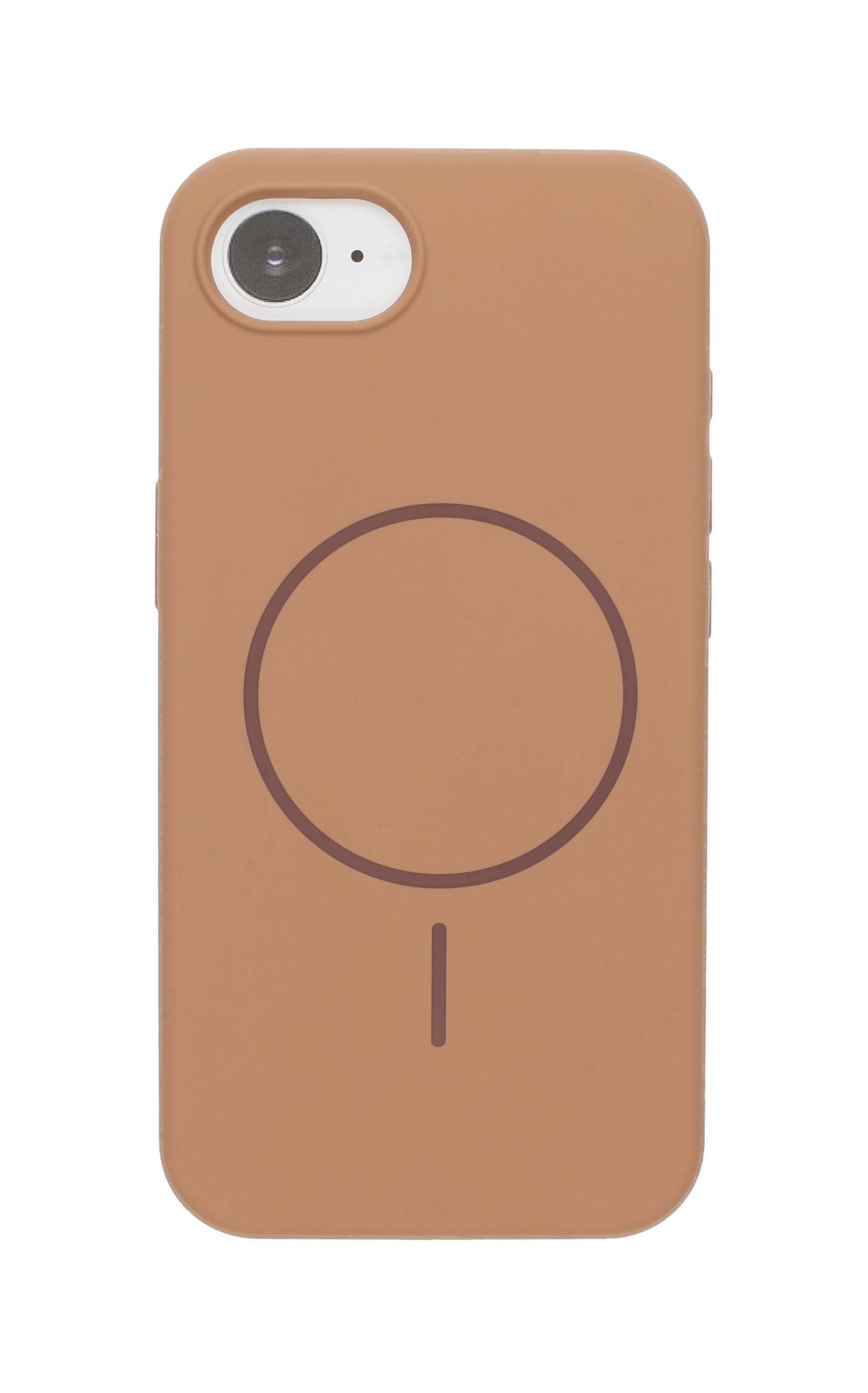 Ein beigefarbener Handyhüllenfall mit einem kreisförmigen Design auf der Rückseite, das die Kompatibilität mit MagSafe anzeigt. Die Kameraaussparung ist oben links sichtbar.