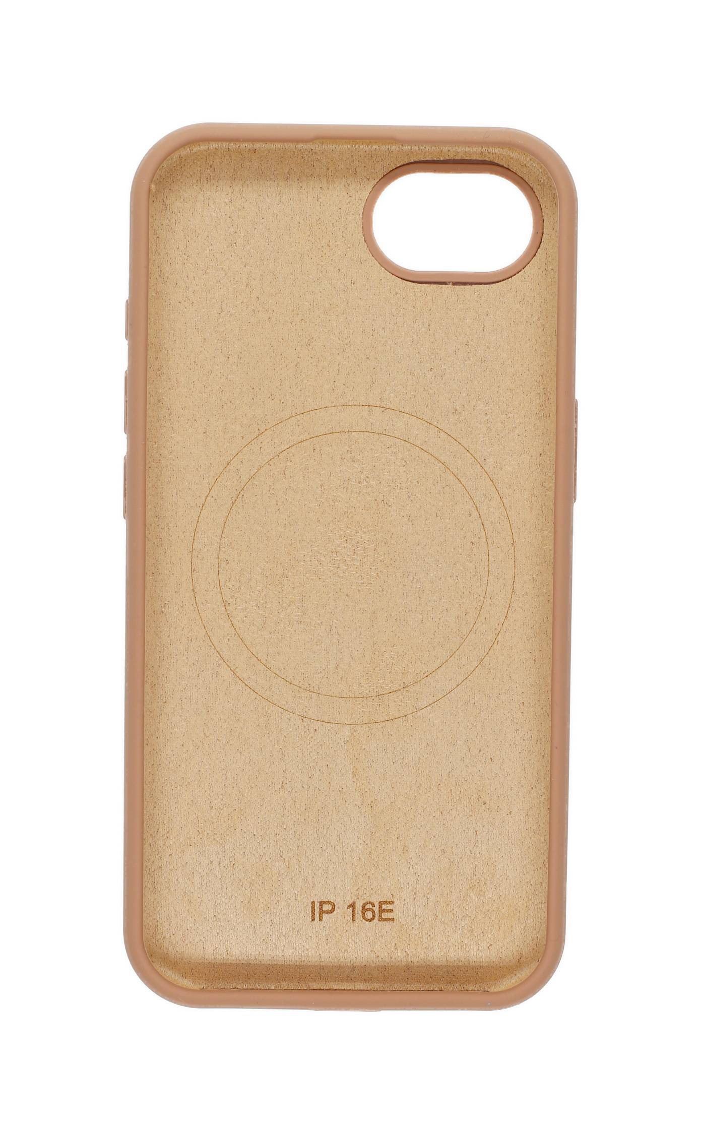 Ein beigefarbenes Handyhülle mit einer sichtbaren kreisförmigen Kontur auf der Rückseite und einer Aussparung für die Kamera in der oberen Ecke.