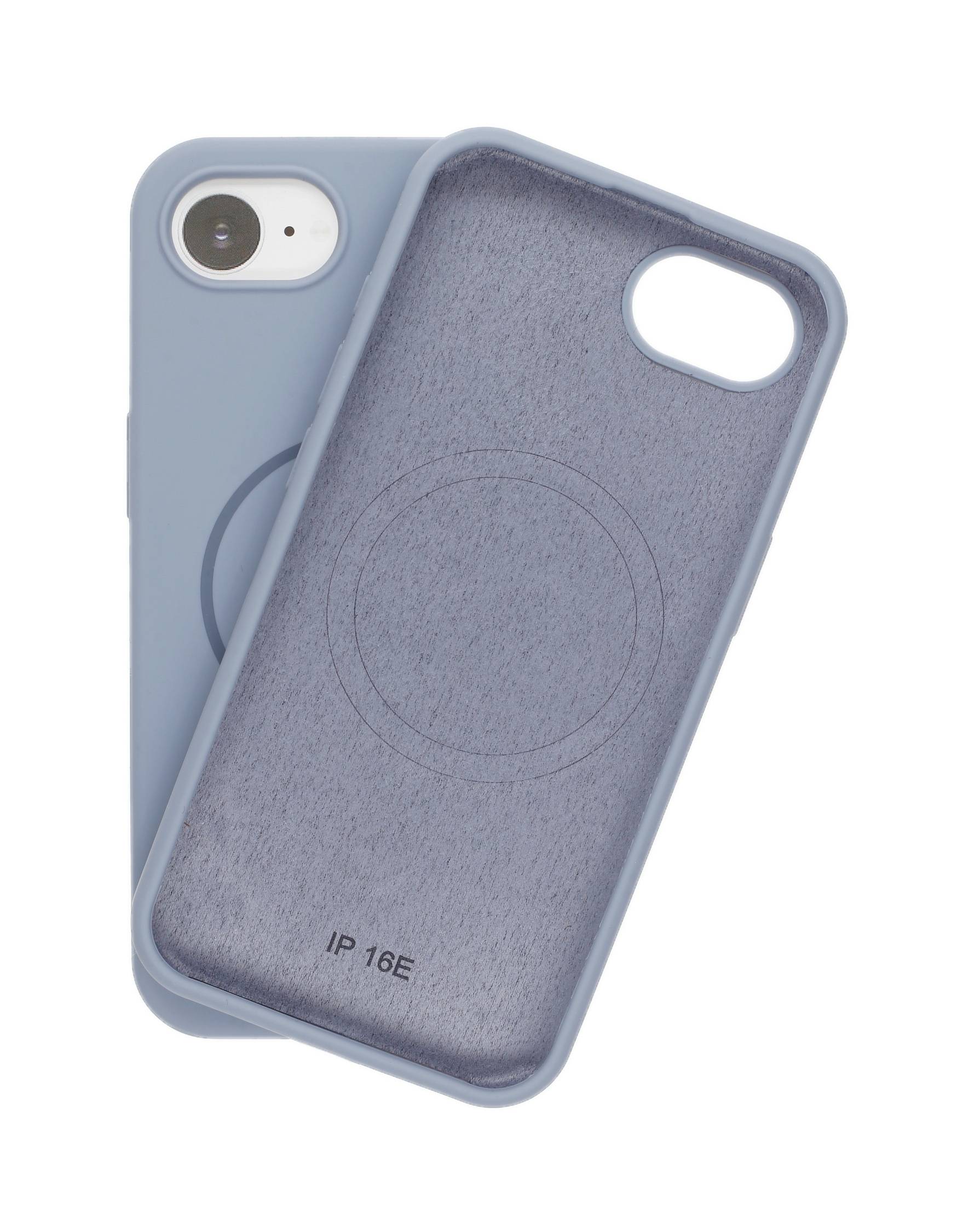 Zwei hellblaue Smartphone-Hüllen, eine zeigt die Rückseite mit dem Text 