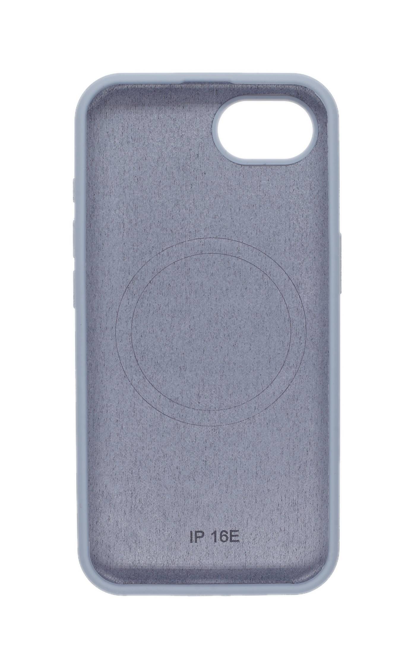 Ein grauer Handyhülle mit einem runden MagSafe-kompatiblen Design auf der Rückseite und dem Text 