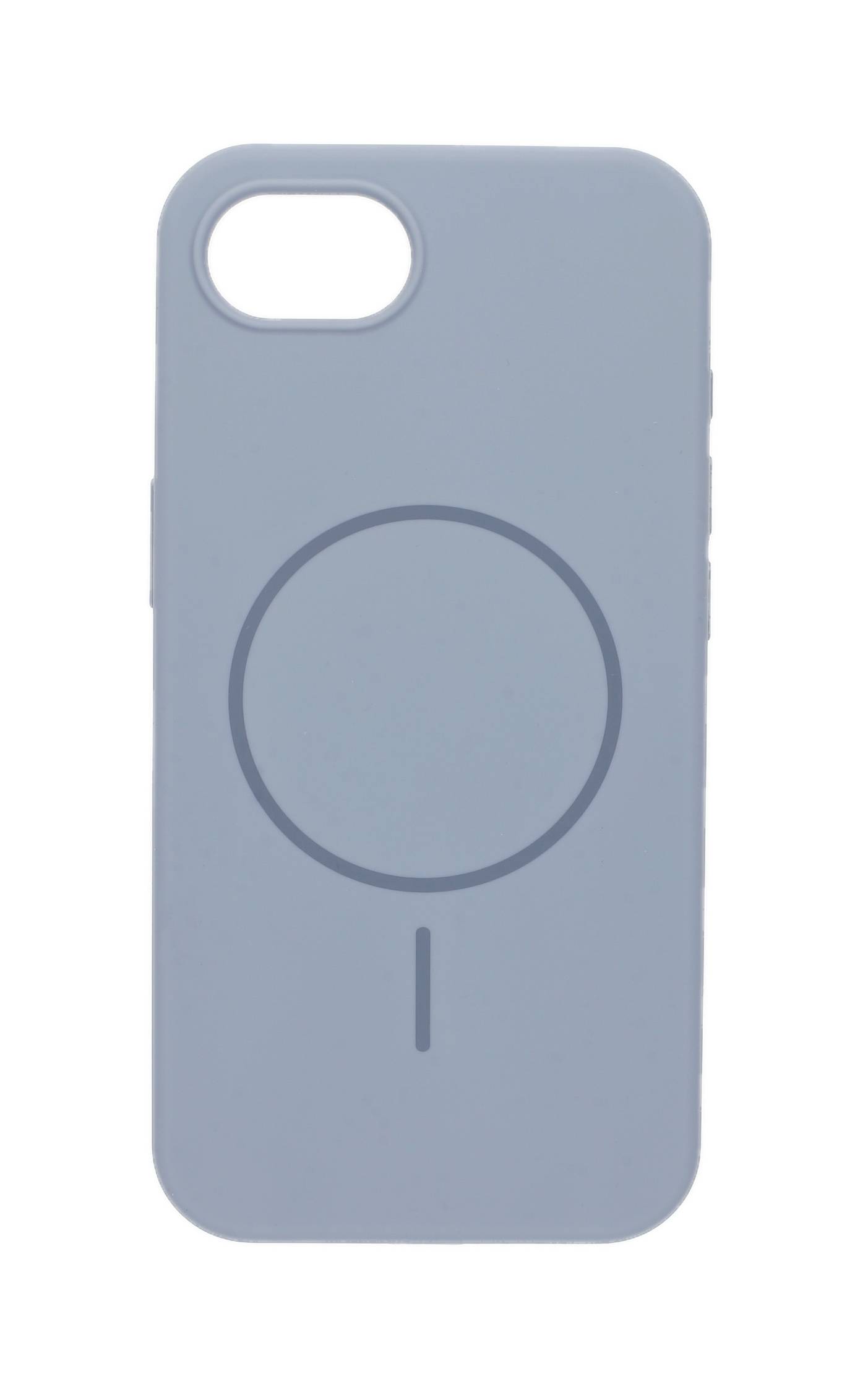 Ein hellblaues Handygehäuse mit einem kreisförmigen Design in der Nähe der Mitte und einer kurzen vertikalen Linie darunter, die eine MagSafe-kompatible Funktion anzeigt.
