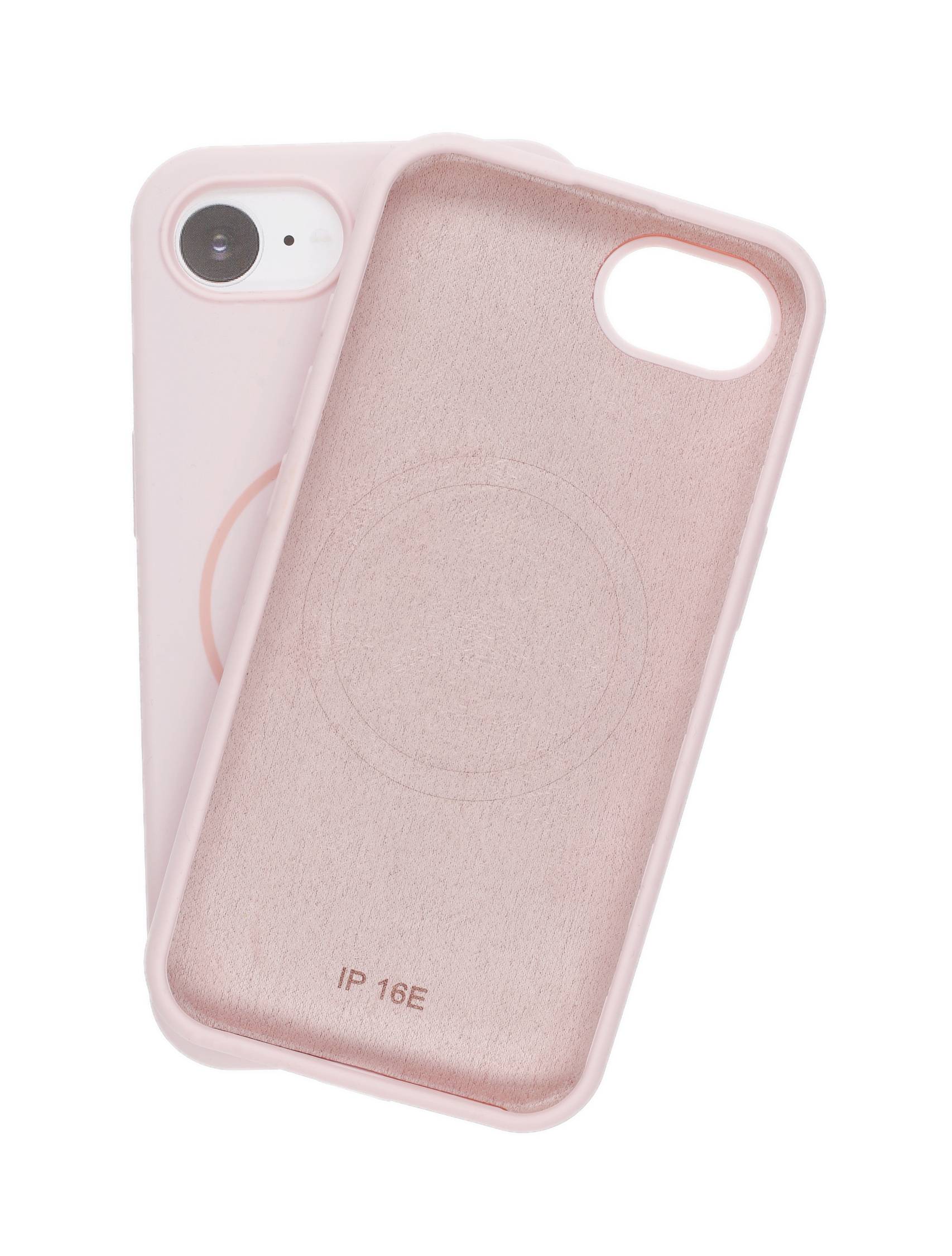 Eine rosa Smartphone-Schutzhülle mit einer Aussparung für die Kamera und der Aufschrift „IP 16E