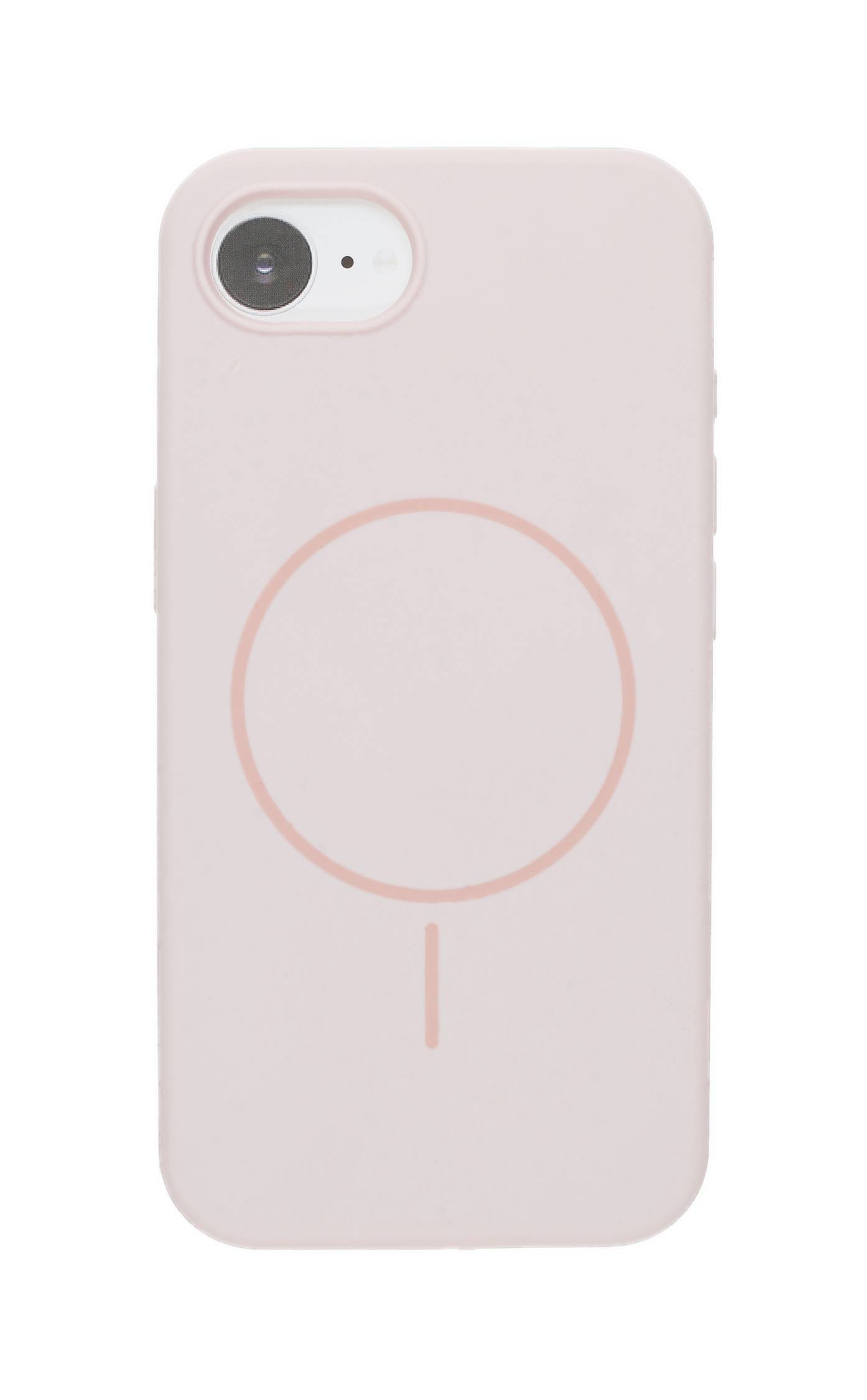 Ein hellfarbiges Handyhülle mit minimalistische Gestaltung, die einen großen Kreis und eine vertikale Linie darunter zeigt. Das Telefon ist teilweise sichtbar.