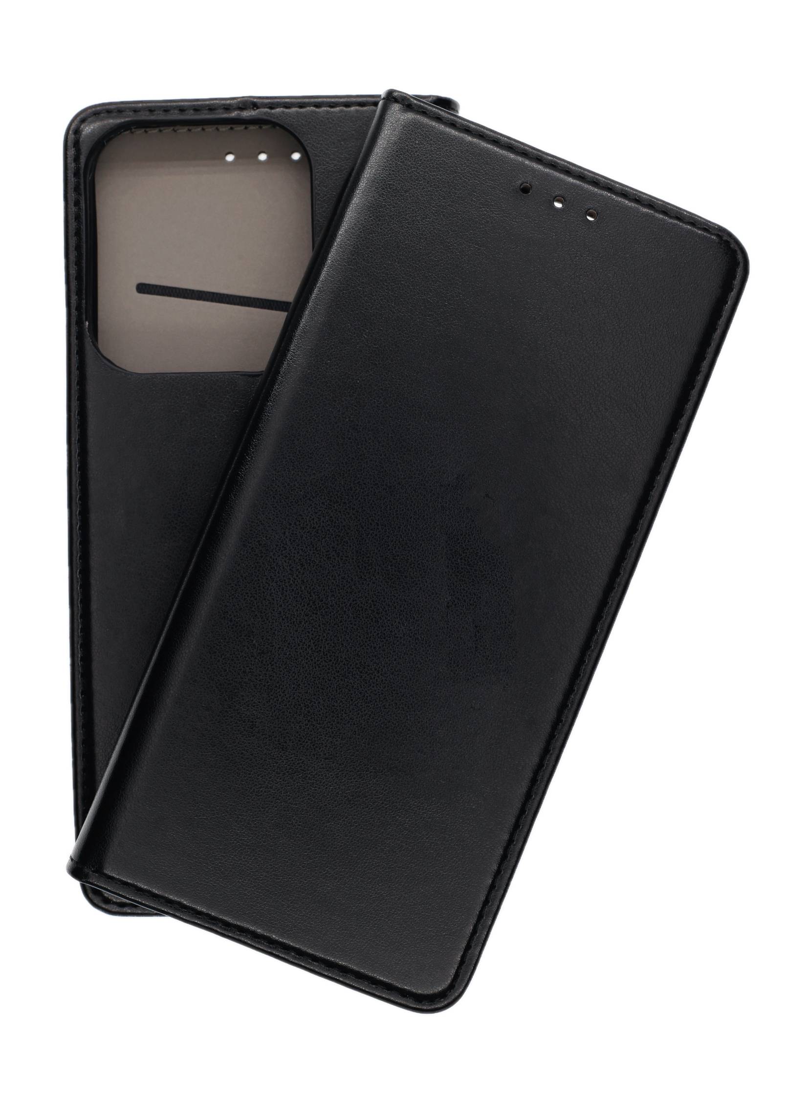 Ein schwarzes Ledergehäuse für Telefone mit einer Kameraausschnitt, von hinten betrachtet, das seine glatte Textur und minimalistisches Design zeigt.